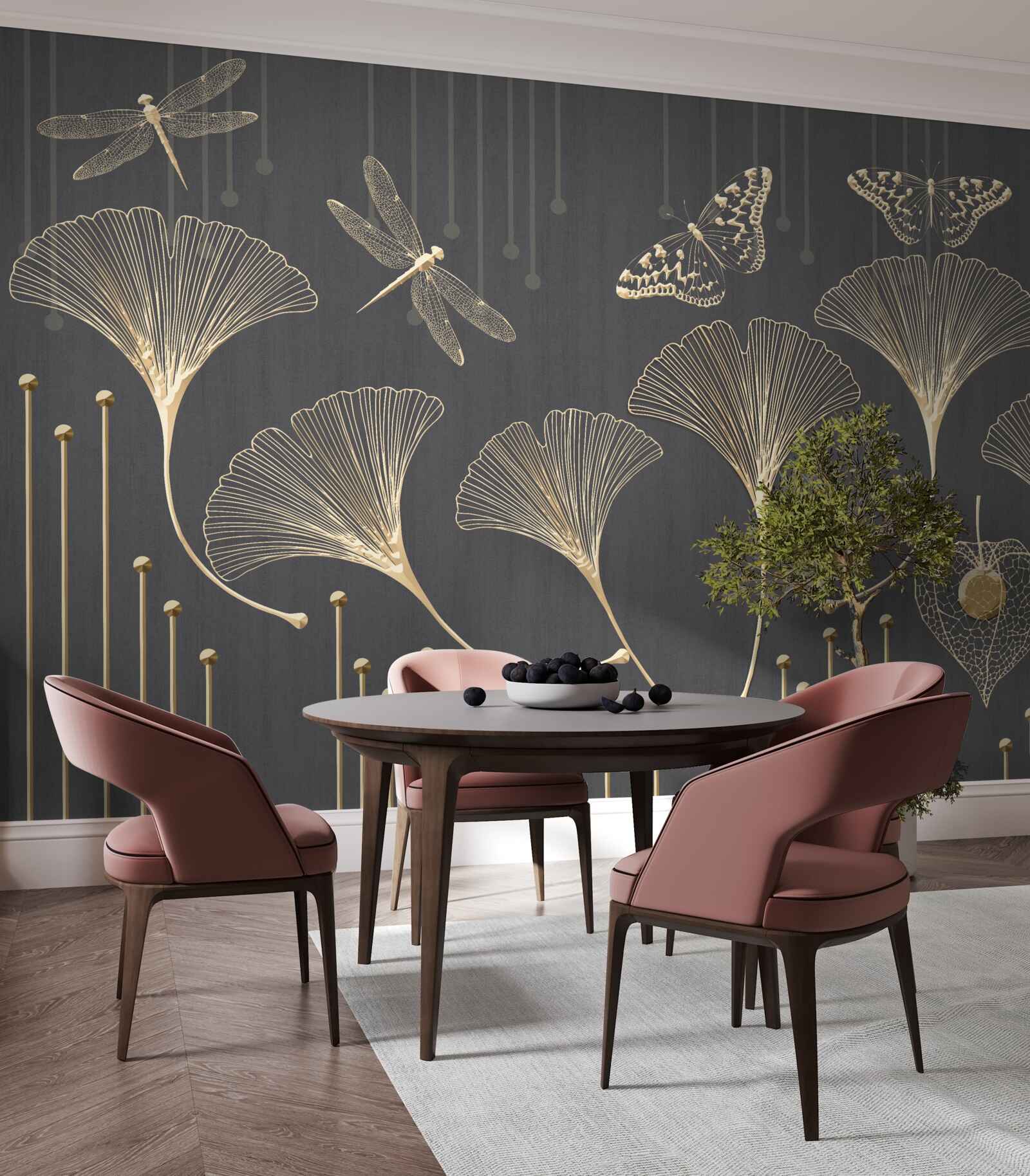 Papier peint au contraire, les lignes verticales convergent sur un fond gris