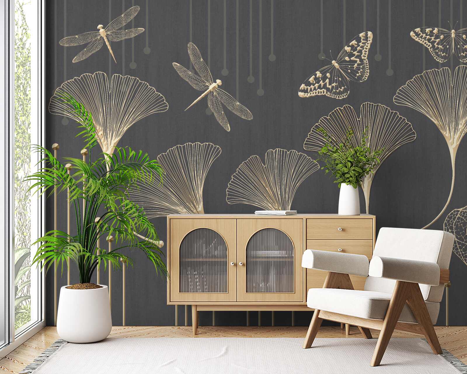 Papier peint au contraire, les lignes verticales convergent sur un fond gris