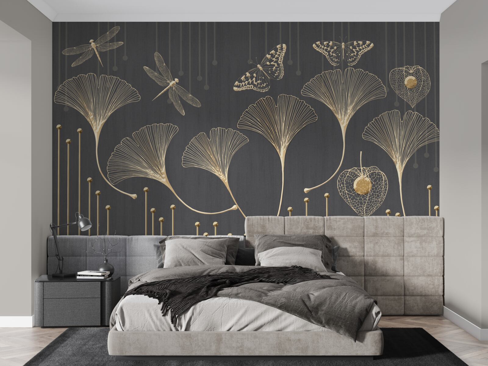 Papier peint au contraire, les lignes verticales convergent sur un fond gris