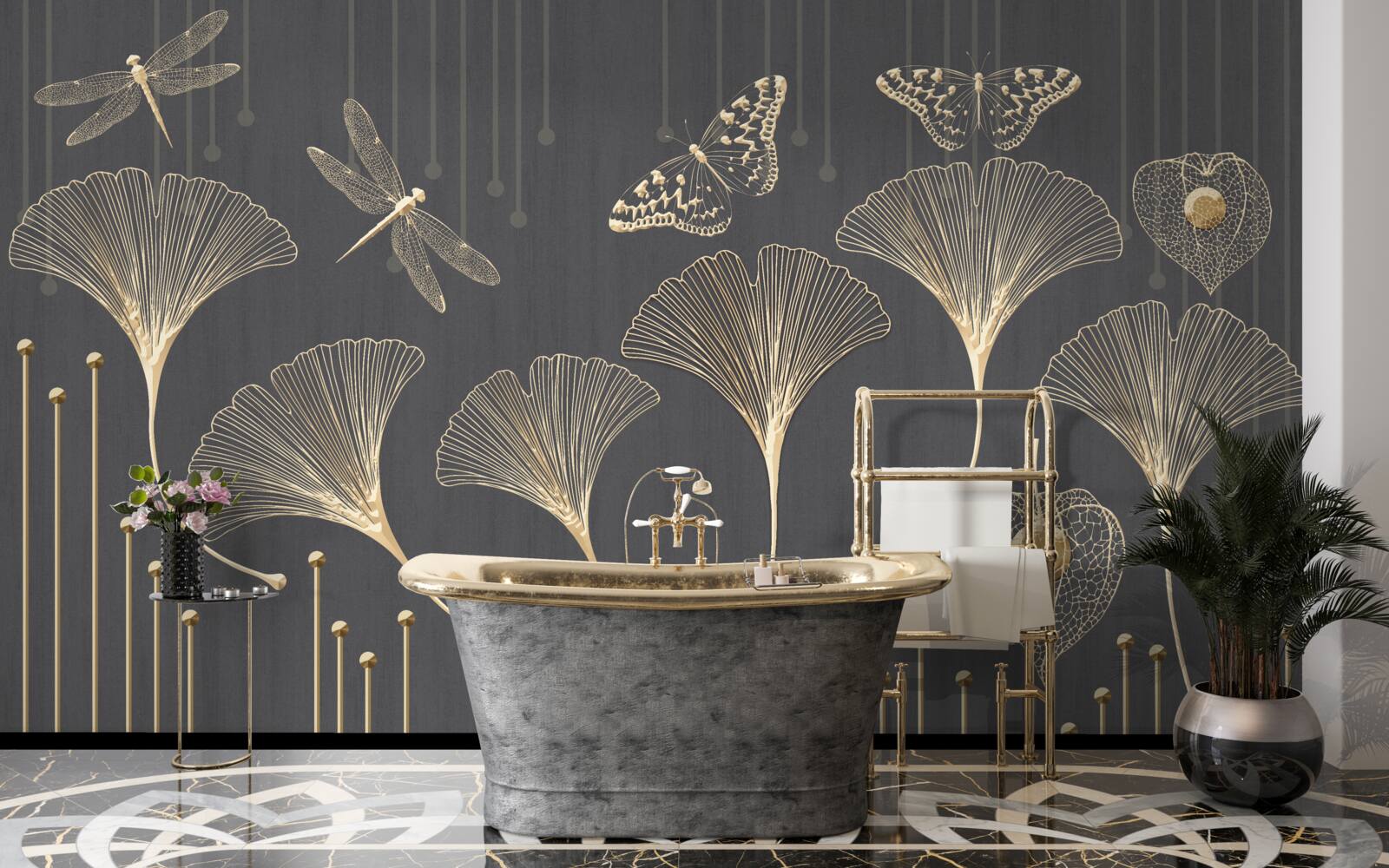 Papier peint au contraire, les lignes verticales convergent sur un fond gris