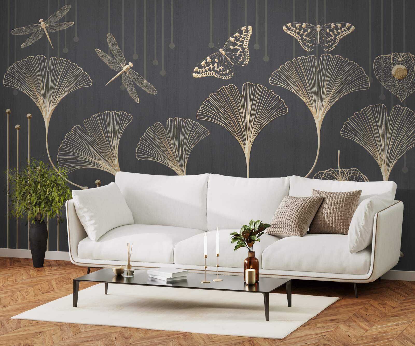 Papier peint au contraire, les lignes verticales convergent sur un fond gris