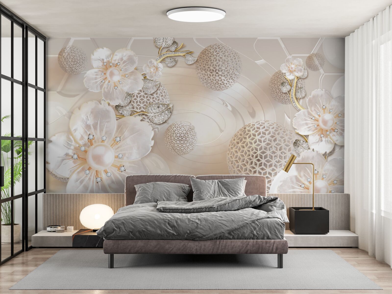 Papier peint boules flottantes lumineuses et couronnes botaniques légères