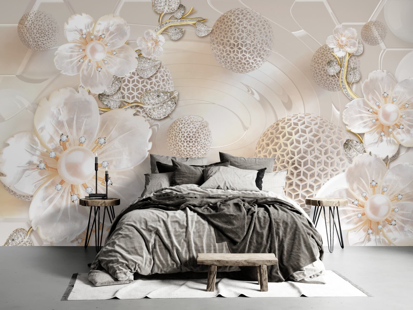 Papier peint boules flottantes lumineuses et couronnes botaniques légères