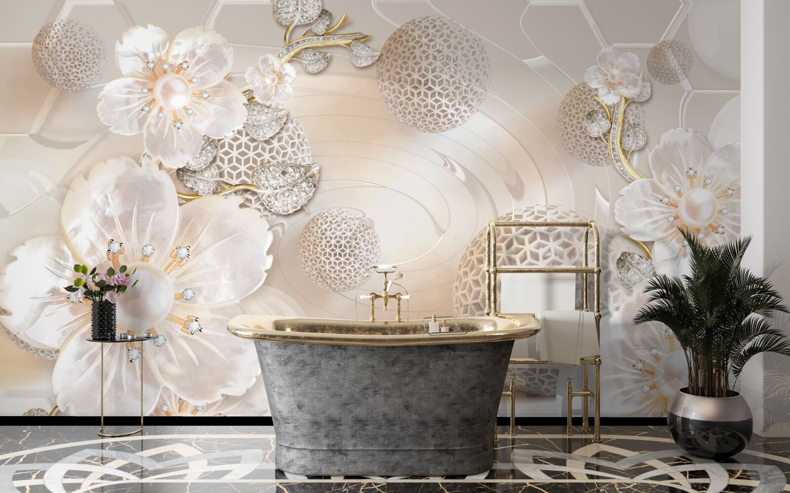 Papier peint boules flottantes lumineuses et couronnes botaniques légères