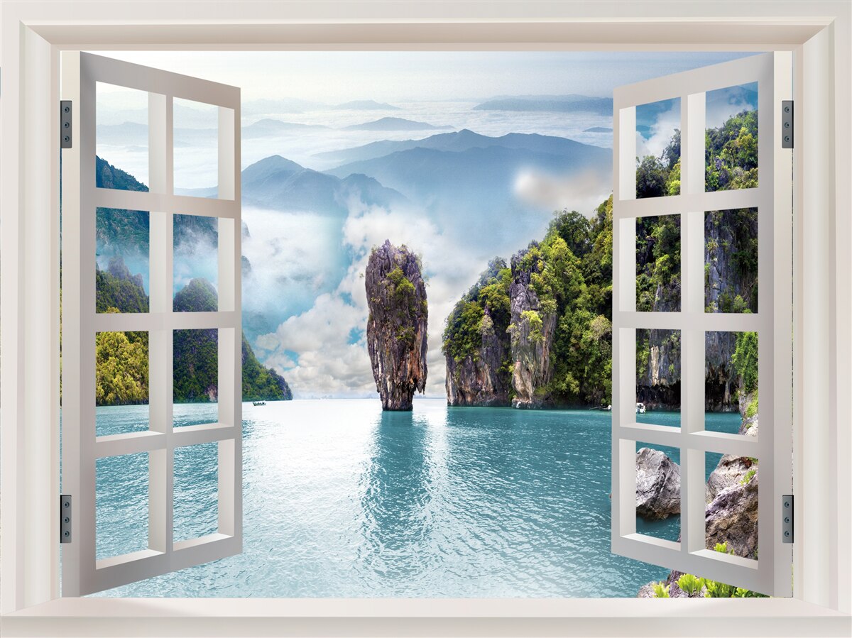 Papier peint fenêtre donnant sur un paysage de rochers et de marines calmes