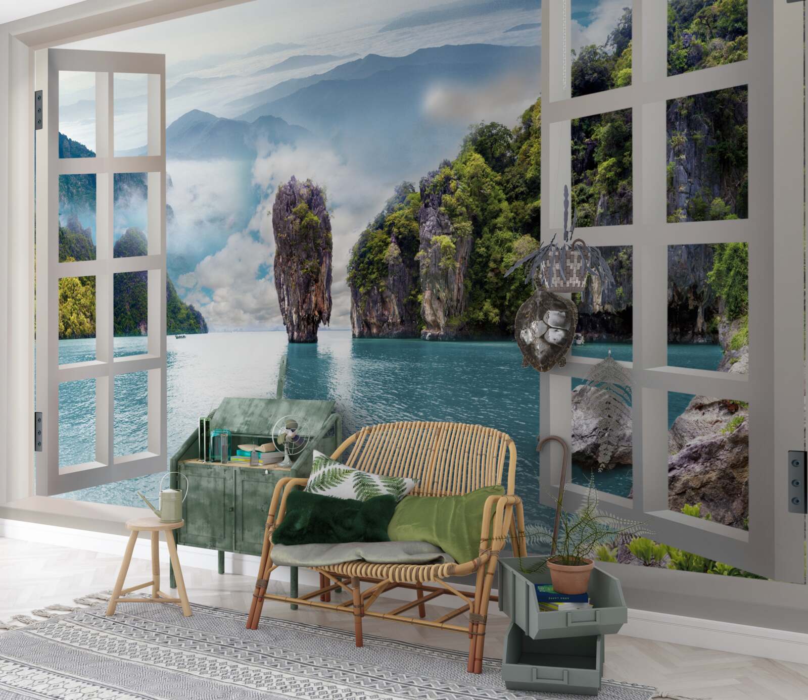 Papier peint fenêtre donnant sur un paysage de rochers et de marines calmes