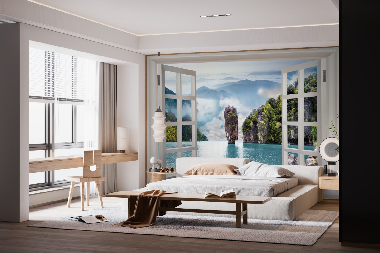 Papier peint fenêtre donnant sur un paysage de rochers et de marines calmes