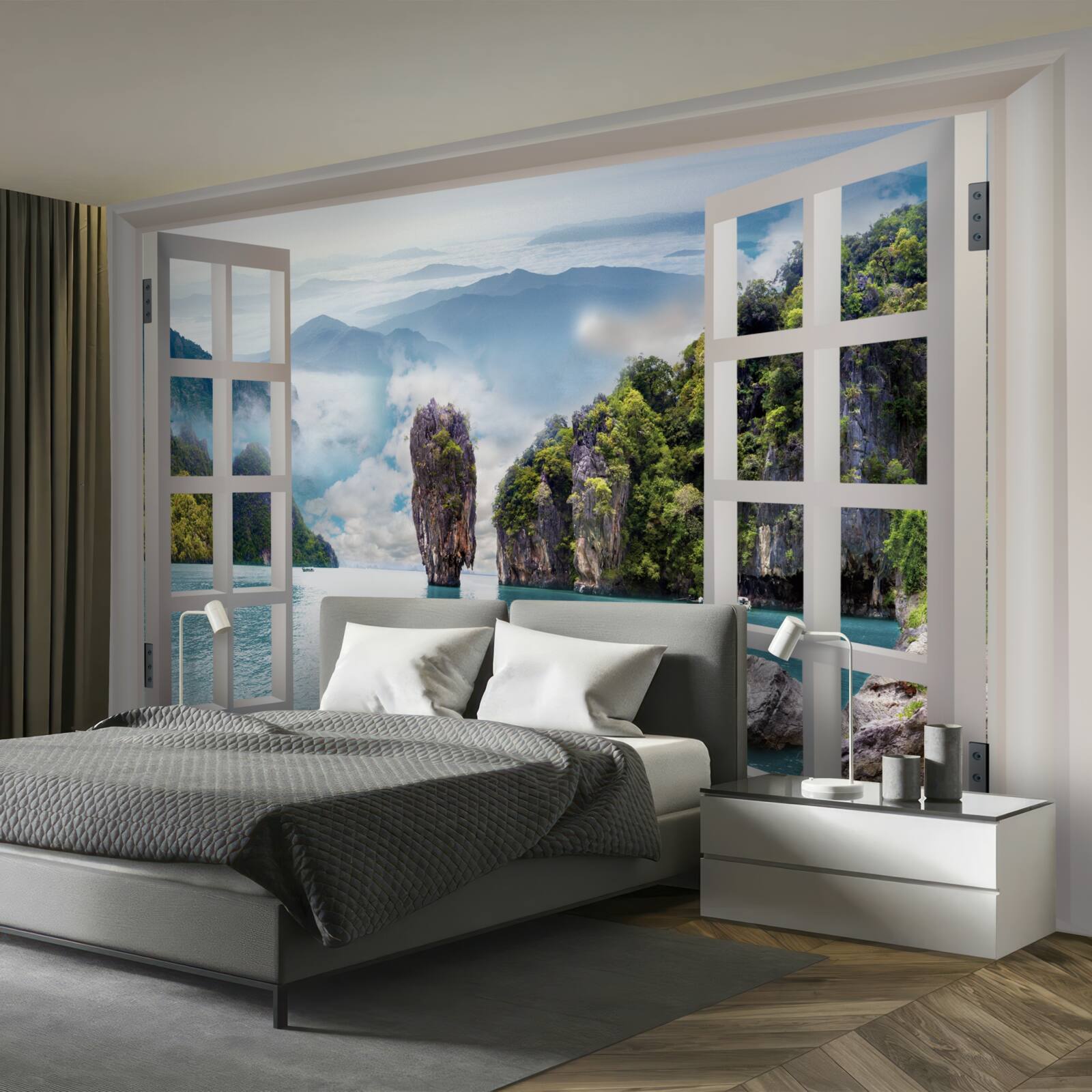 Papier peint fenêtre donnant sur un paysage de rochers et de marines calmes