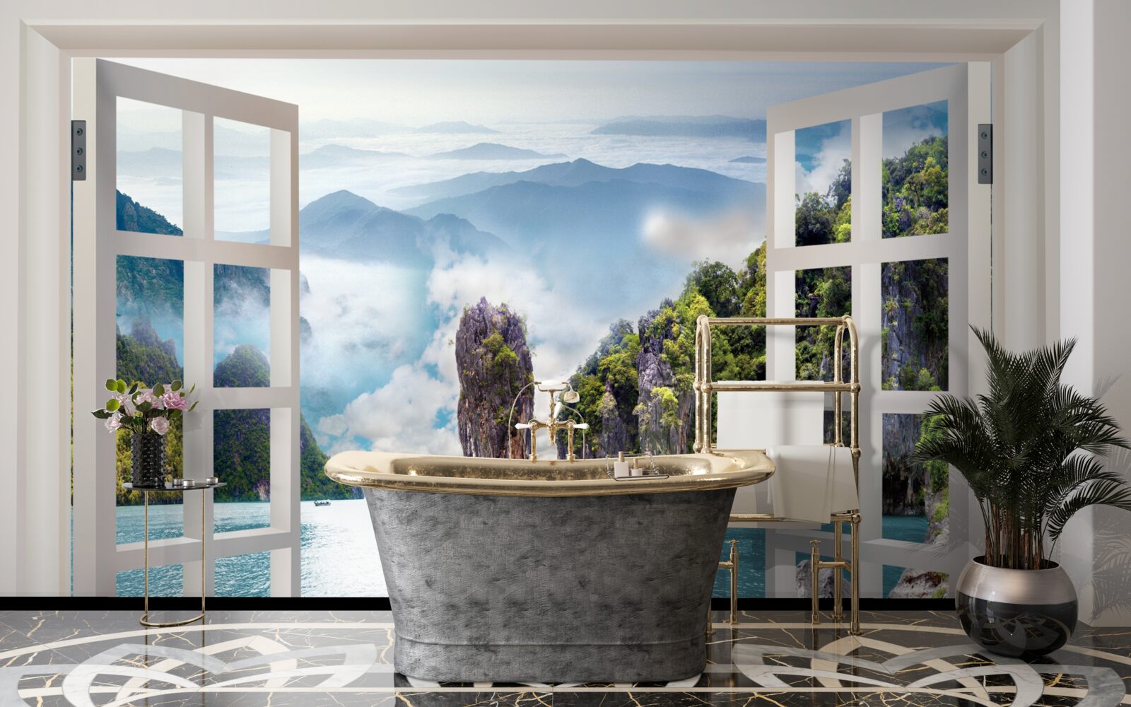 Papier peint fenêtre donnant sur un paysage de rochers et de marines calmes