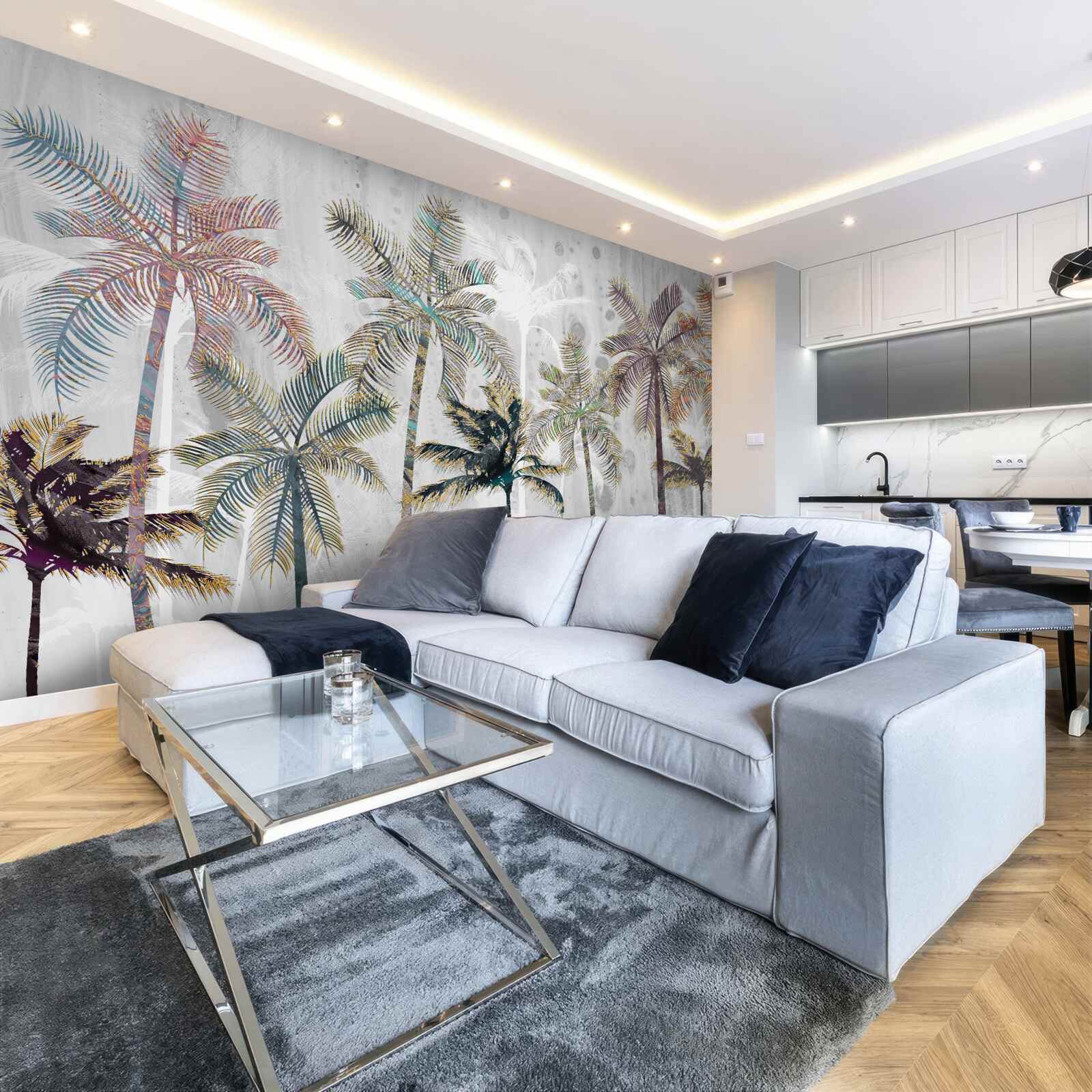 Papier peint pluie torrentielle parmi les palmiers