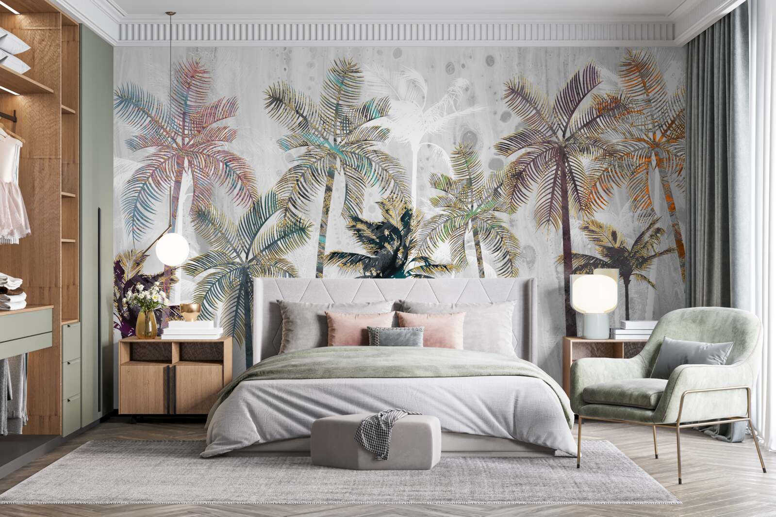 Papier peint pluie torrentielle parmi les palmiers