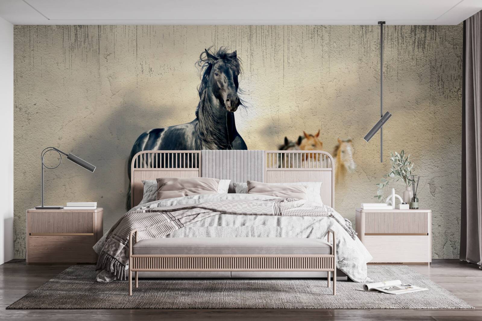 Papier peint un troupeau de chevaux paît dans une vaste prairie