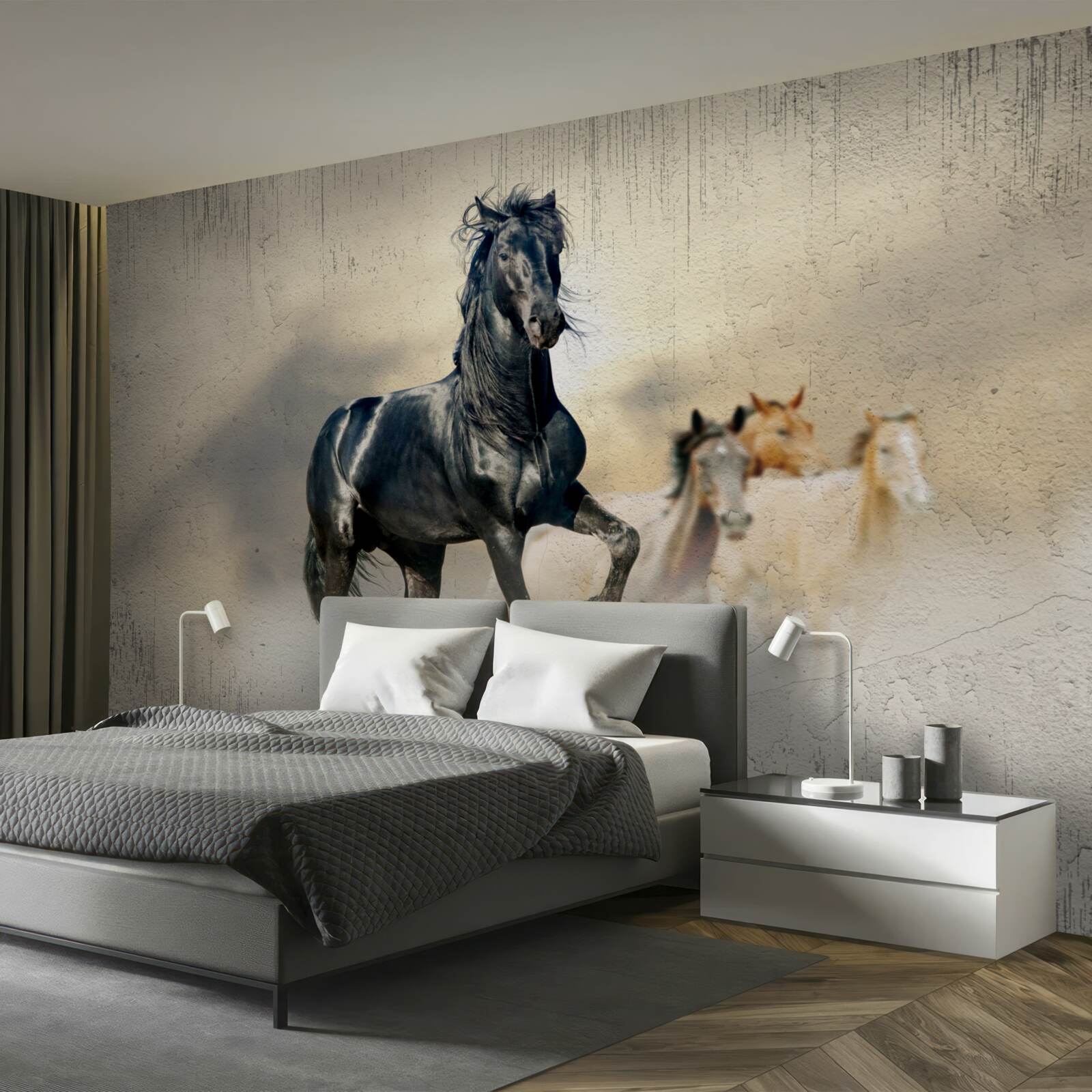 Papier peint un troupeau de chevaux paît dans une vaste prairie