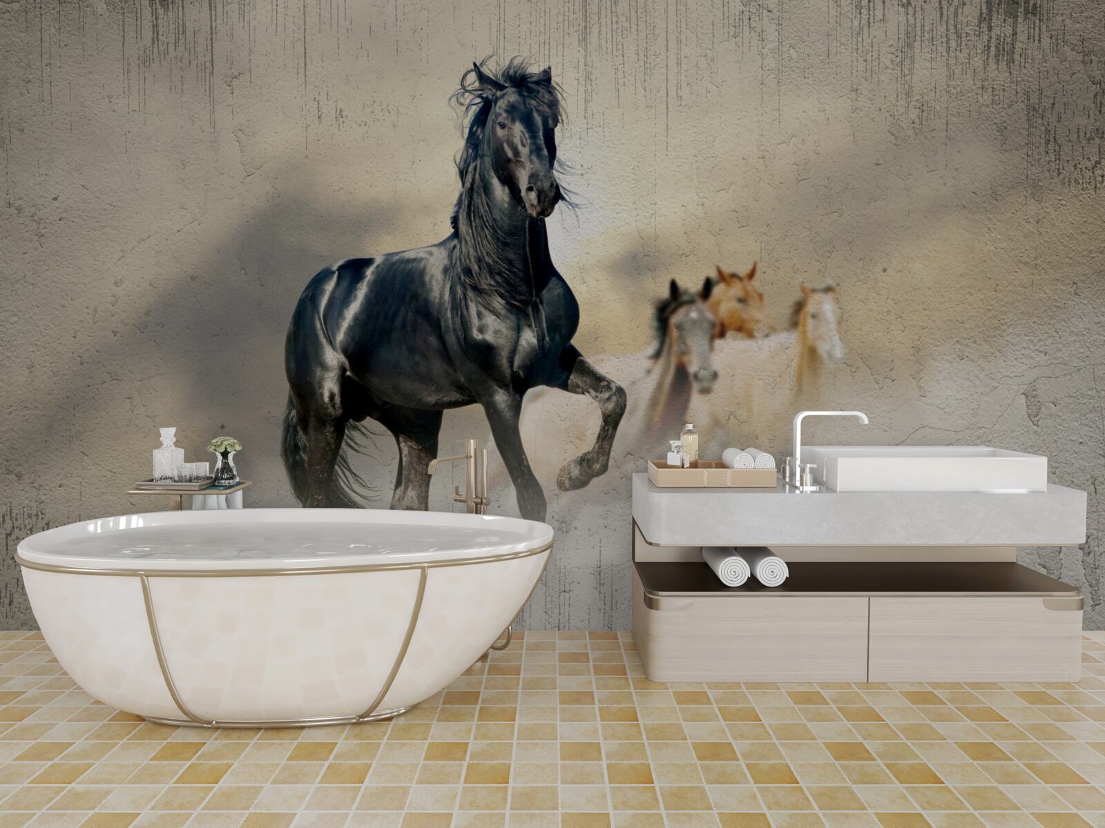 Papier peint un troupeau de chevaux paît dans une vaste prairie