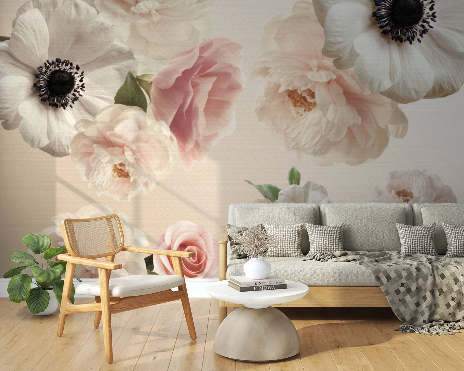 Papier peint rose rose avec coquelicot blanc