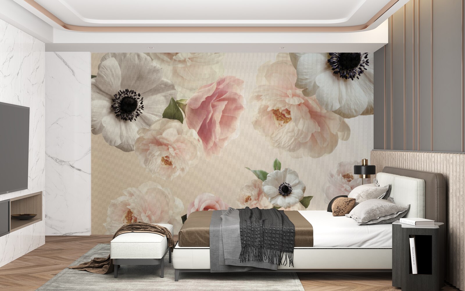 Papier peint rose rose avec coquelicot blanc