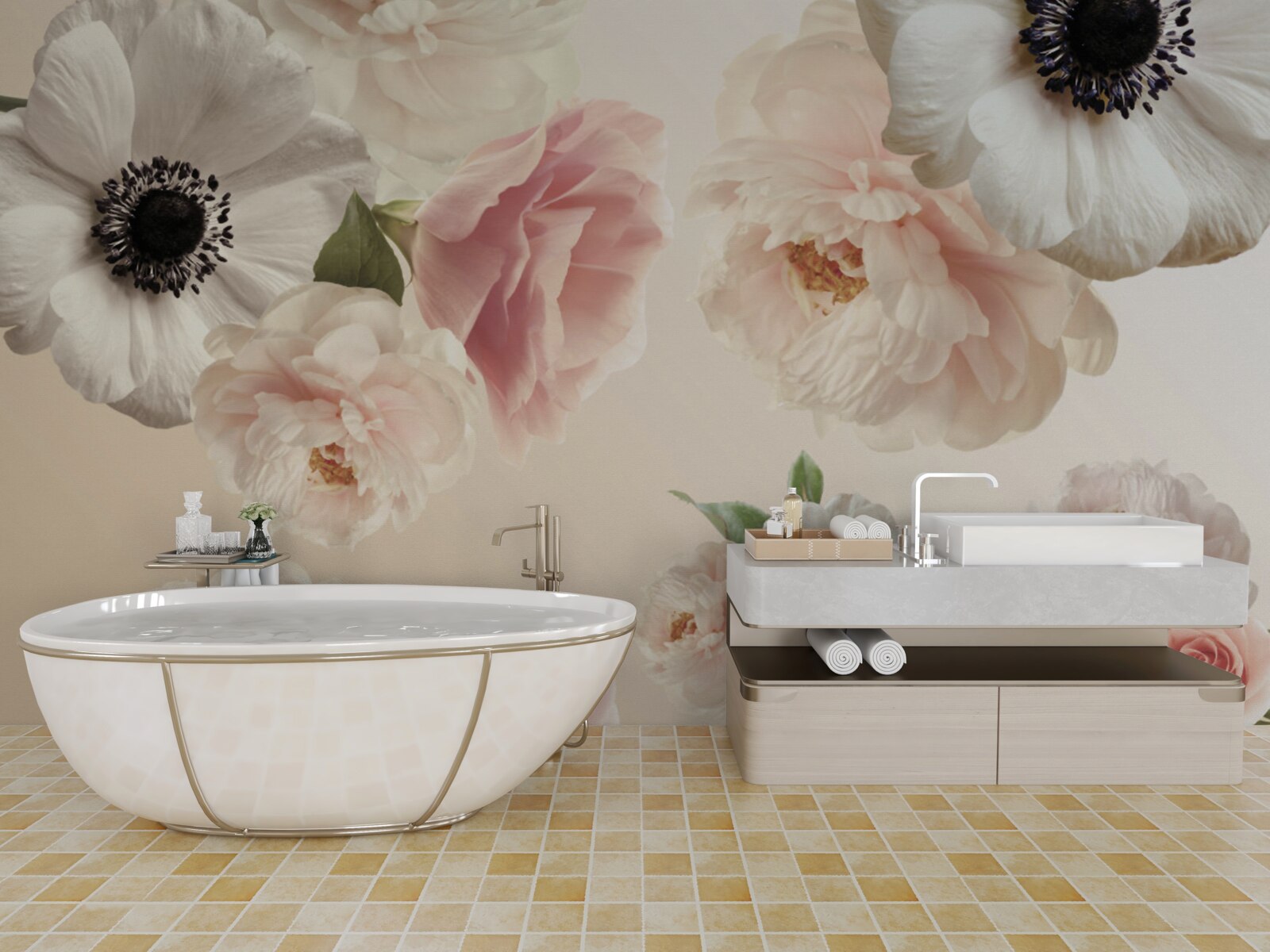 Papier peint rose rose avec coquelicot blanc