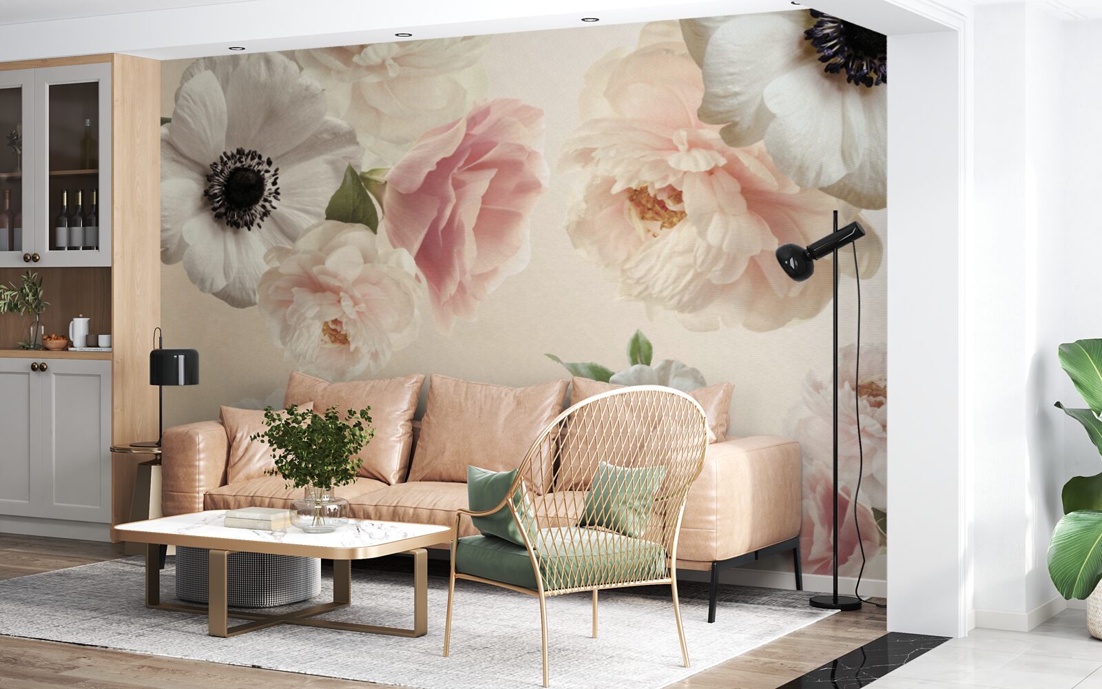 Papier peint rose rose avec coquelicot blanc