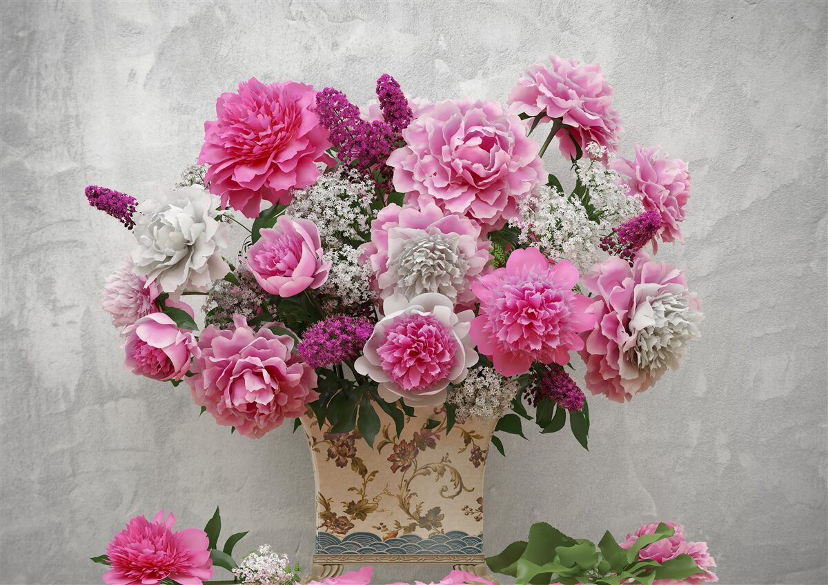 Papier peint composition de marguerites blanches et de fleurs de lilas