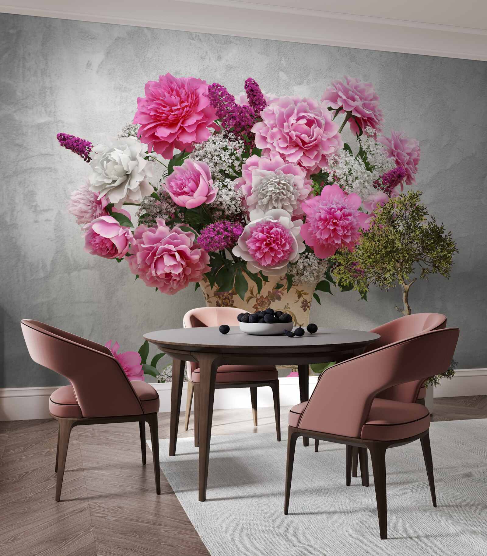 Papier peint composition de marguerites blanches et de fleurs de lilas