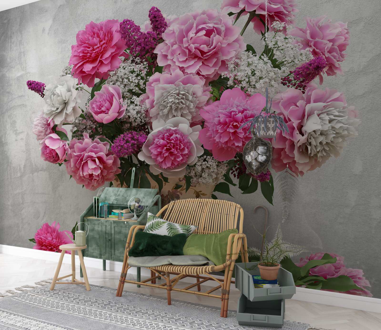 Papier peint composition de marguerites blanches et de fleurs de lilas