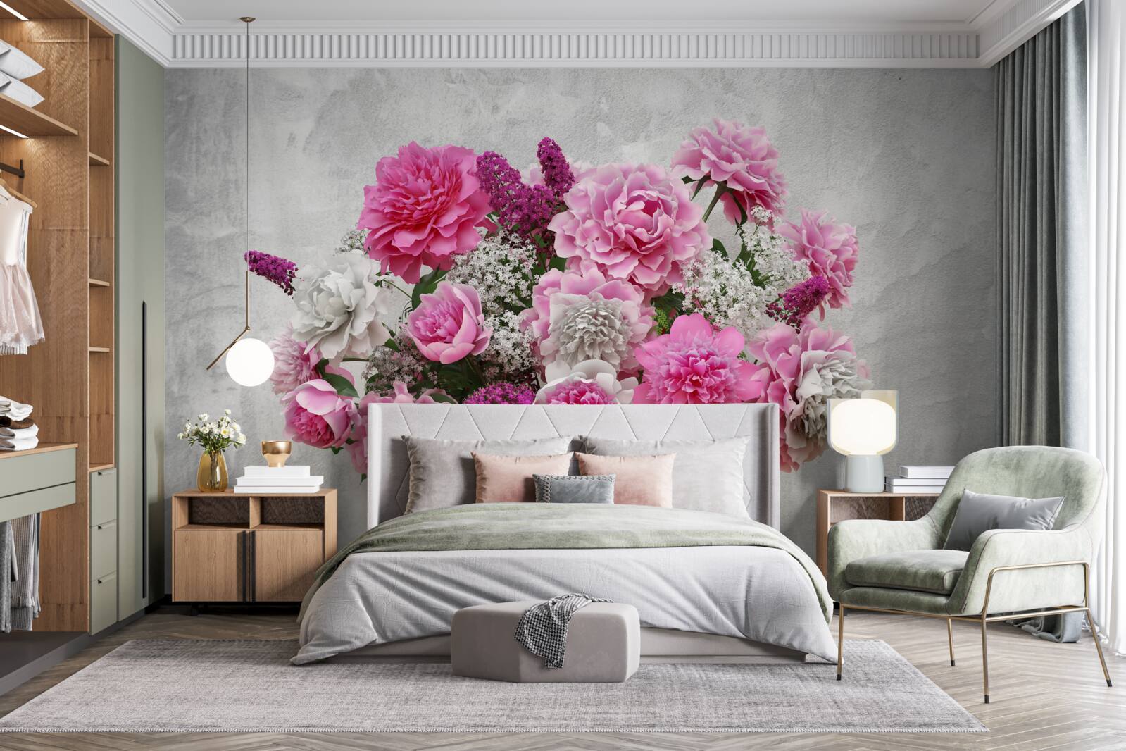 Papier peint composition de marguerites blanches et de fleurs de lilas