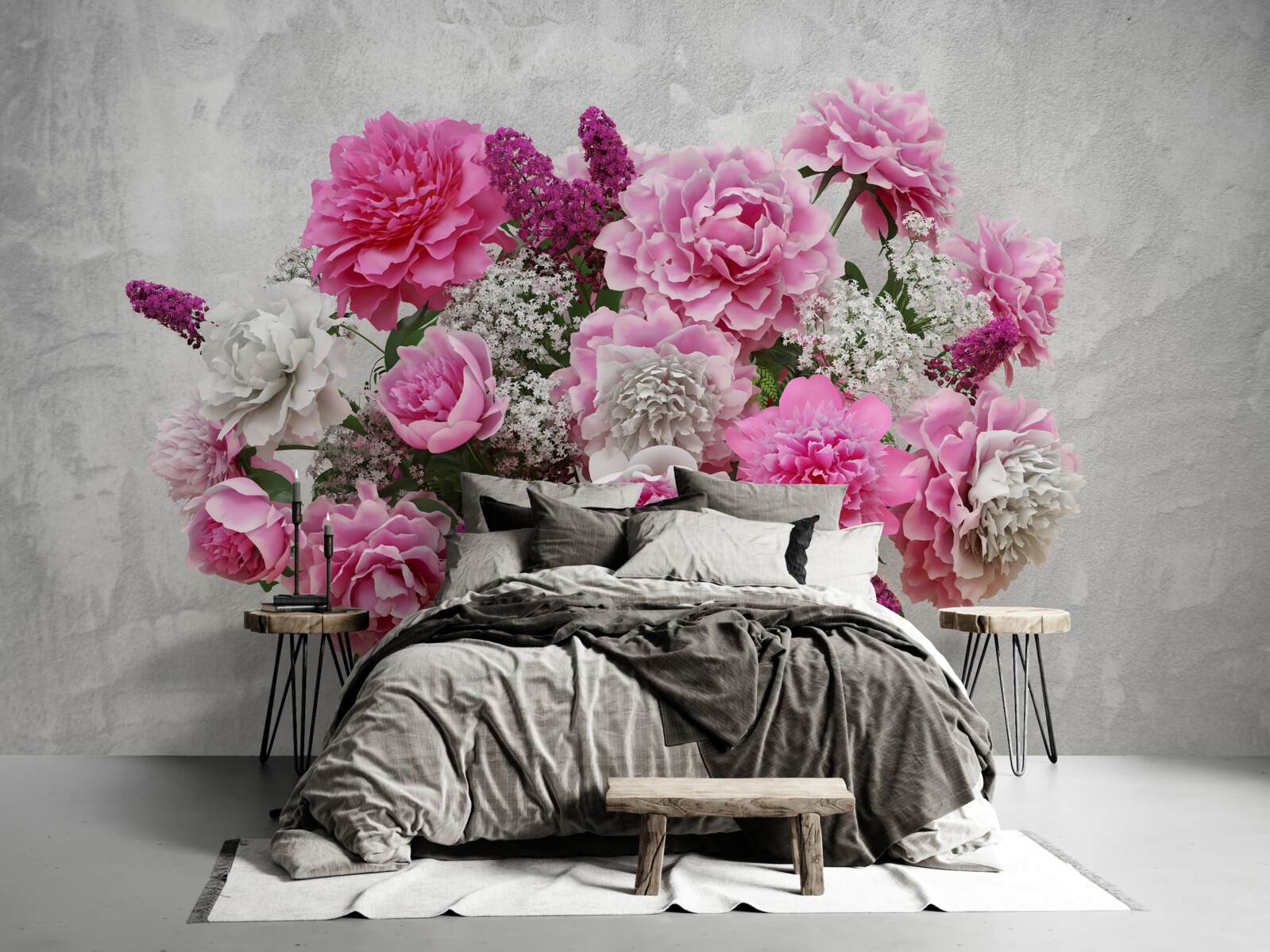 Papier peint composition de marguerites blanches et de fleurs de lilas