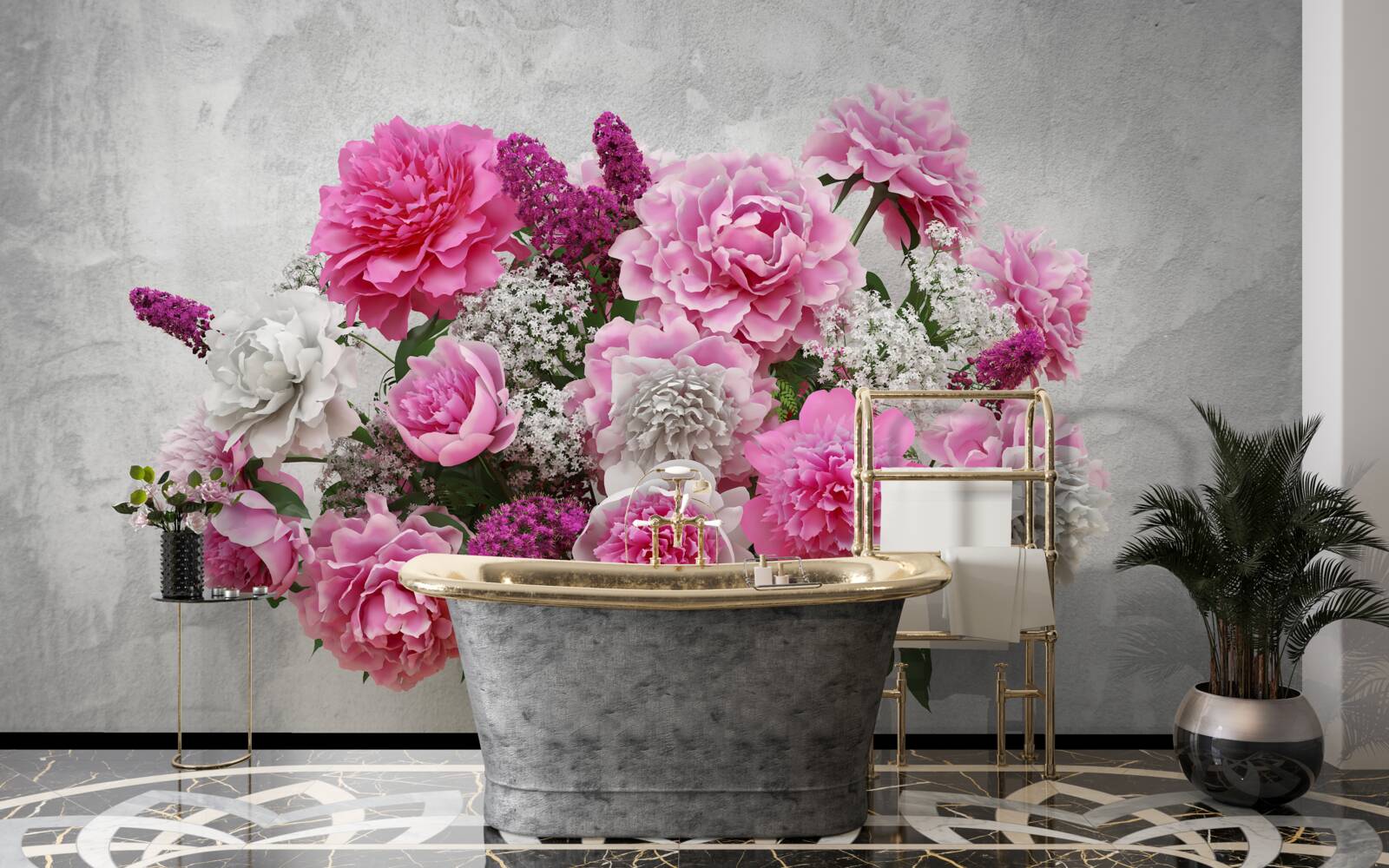 Papier peint composition de marguerites blanches et de fleurs de lilas