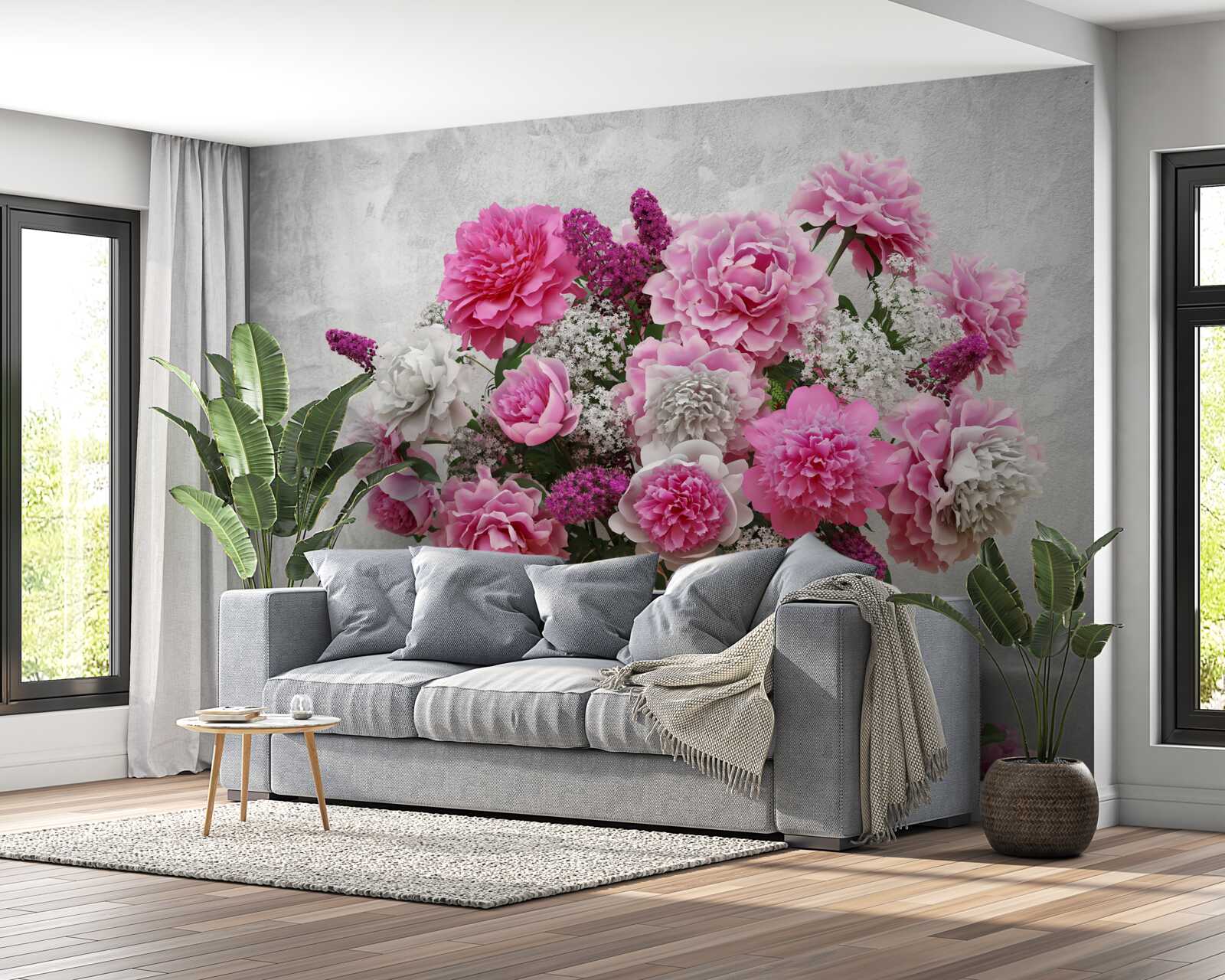 Papier peint composition de marguerites blanches et de fleurs de lilas