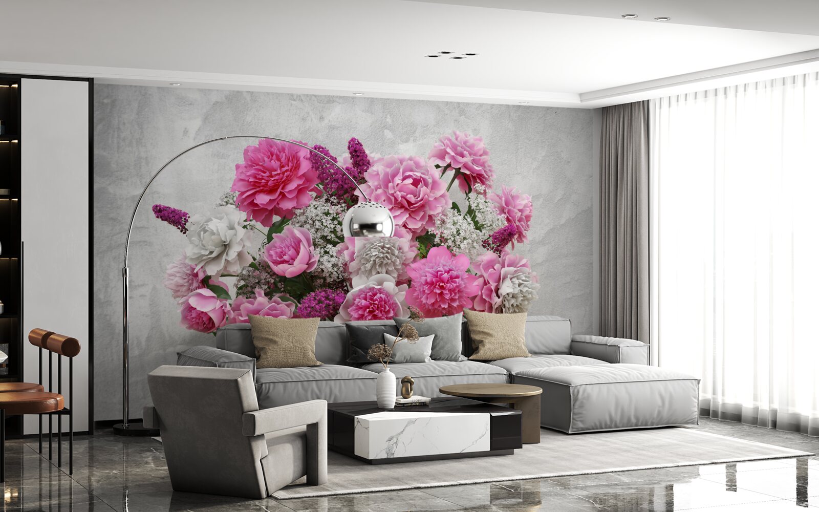 Papier peint composition de marguerites blanches et de fleurs de lilas