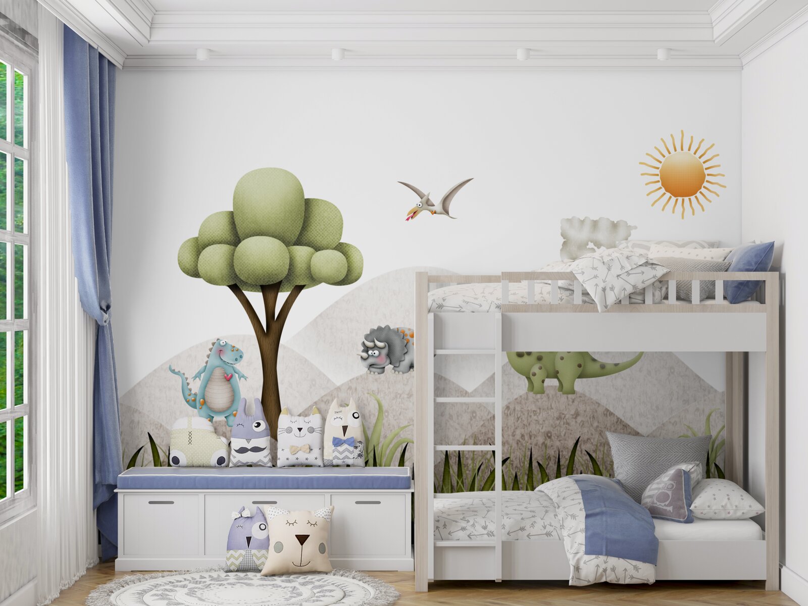 Papier peint Les dinosaures passent devant un volcan