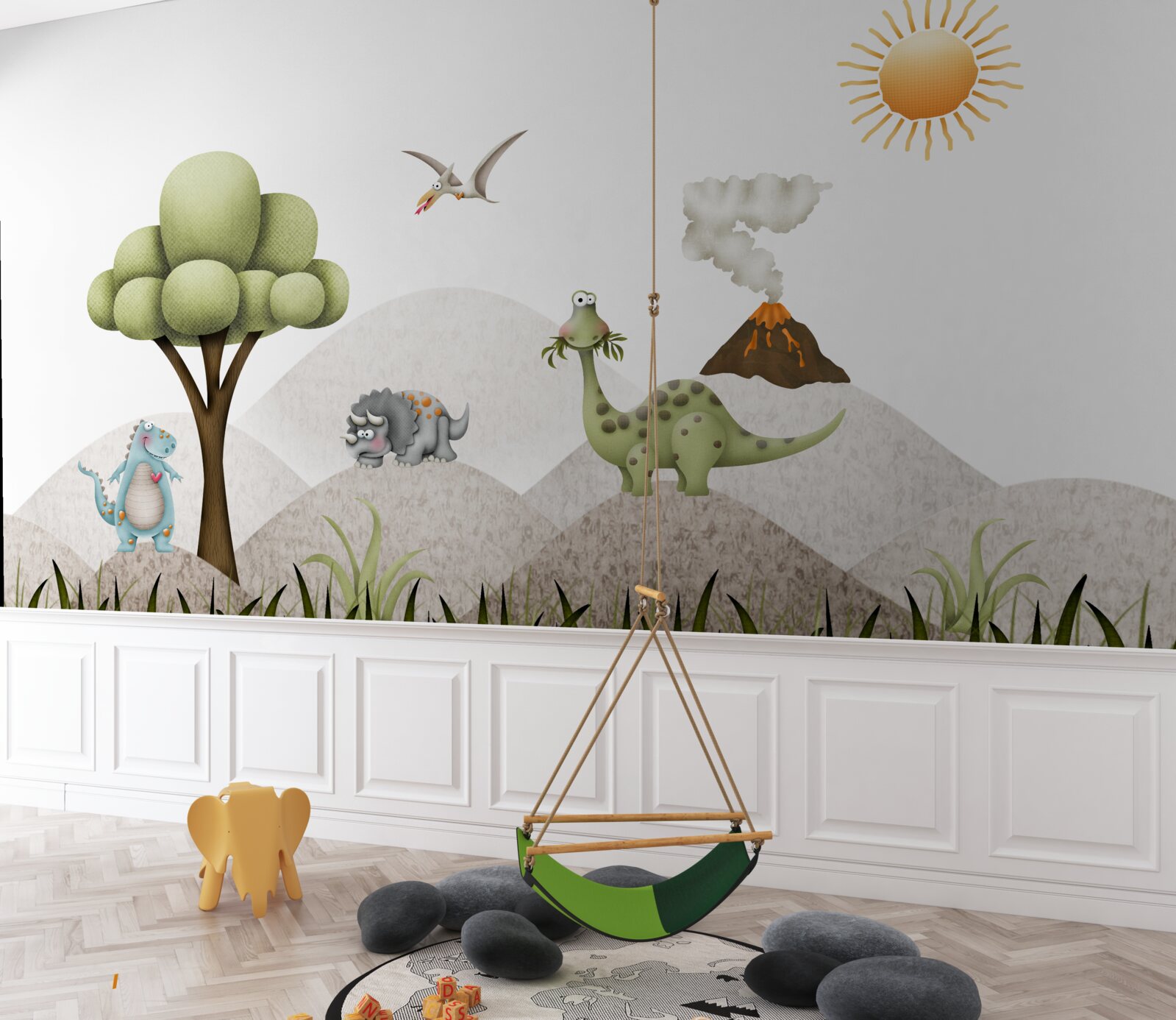 Papier peint Les dinosaures passent devant un volcan