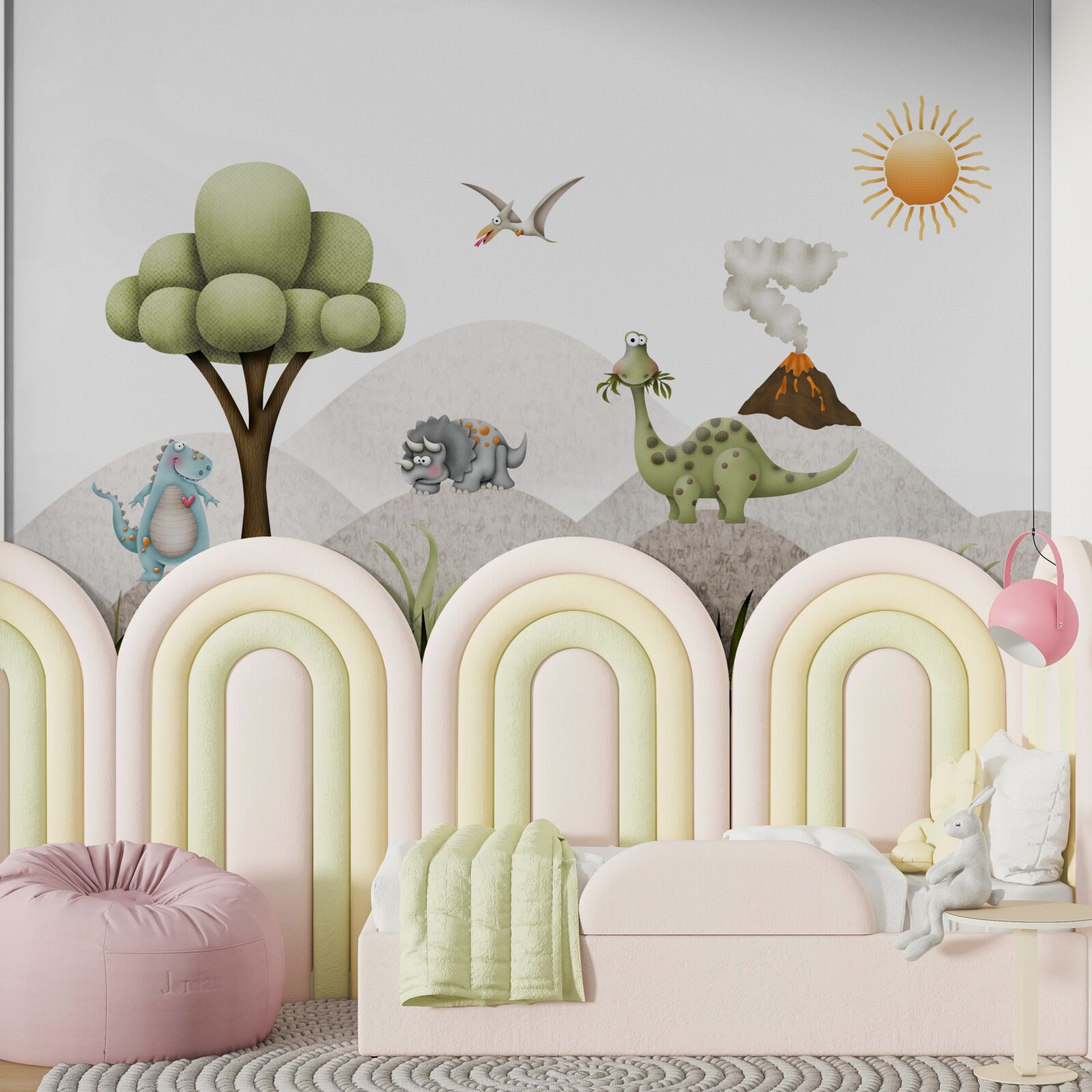 Papier peint Les dinosaures passent devant un volcan