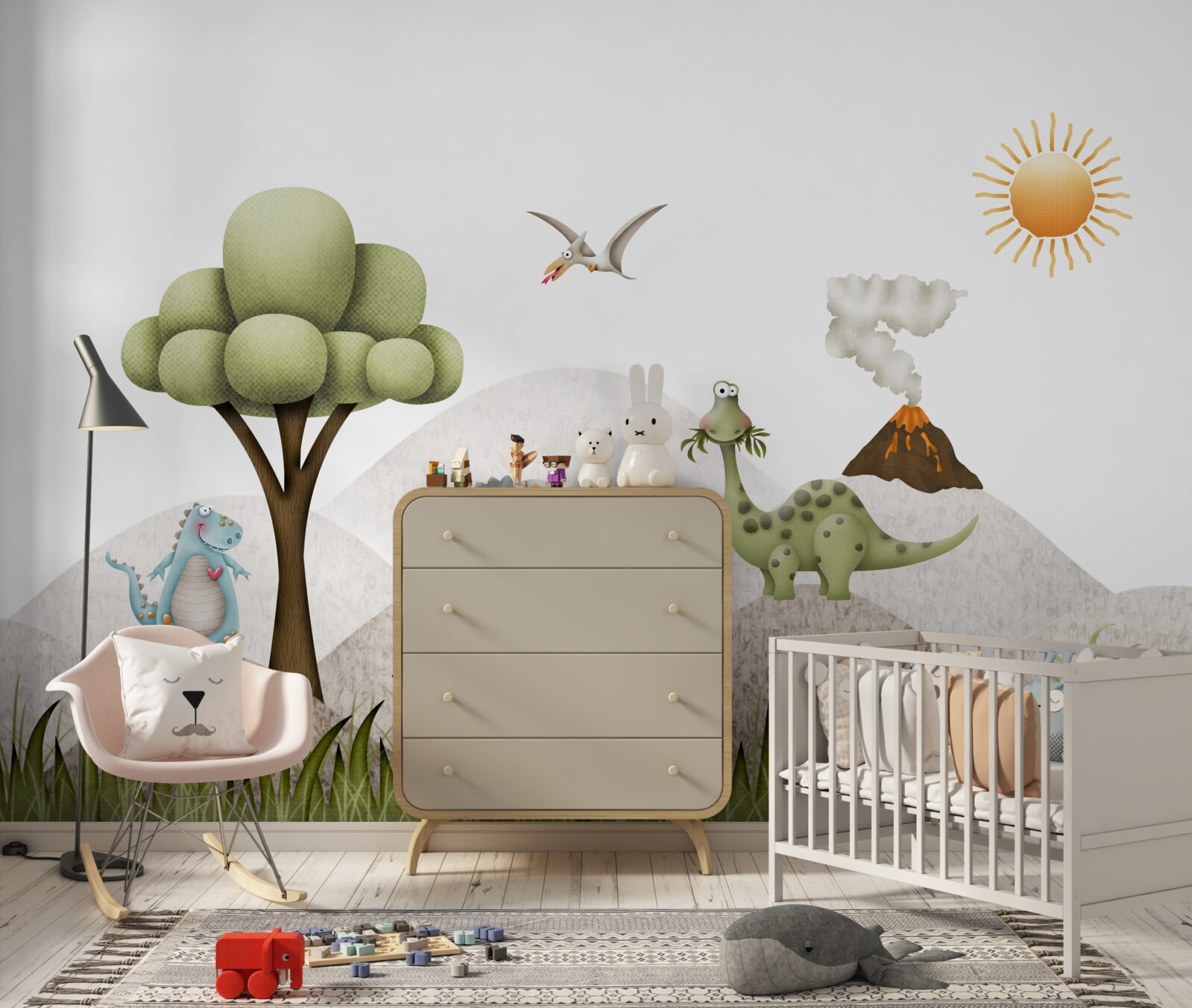 Papier peint Les dinosaures passent devant un volcan