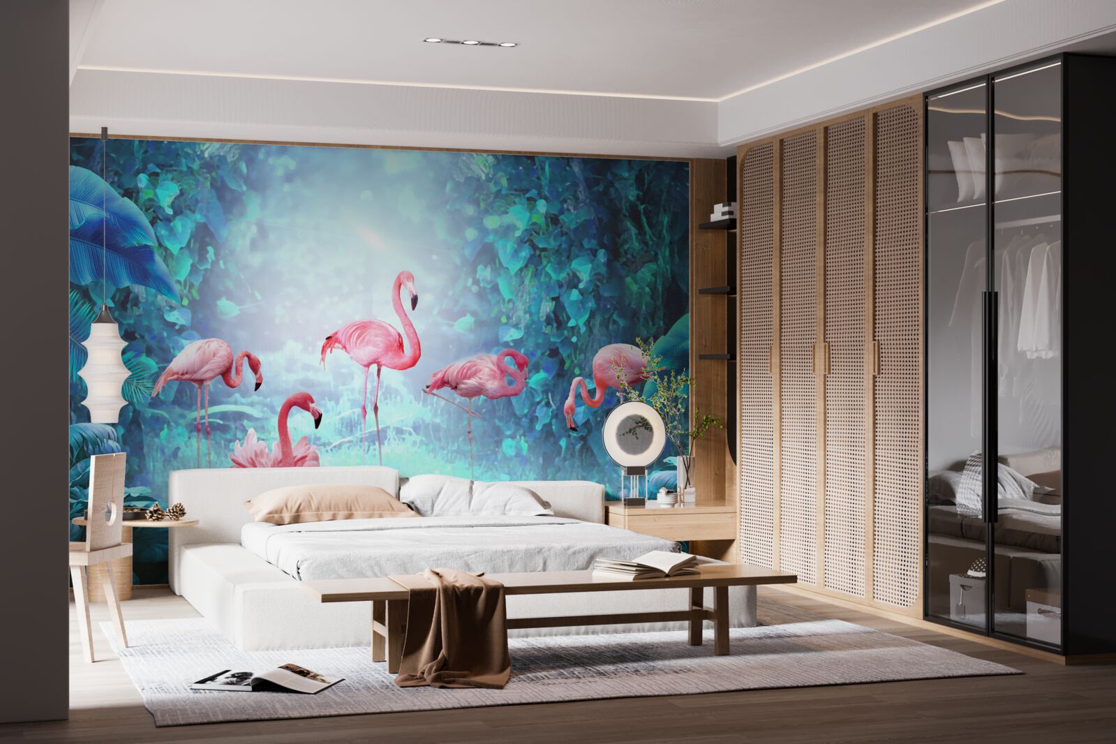 Papier peint flamants roses dans les eaux nocturnes