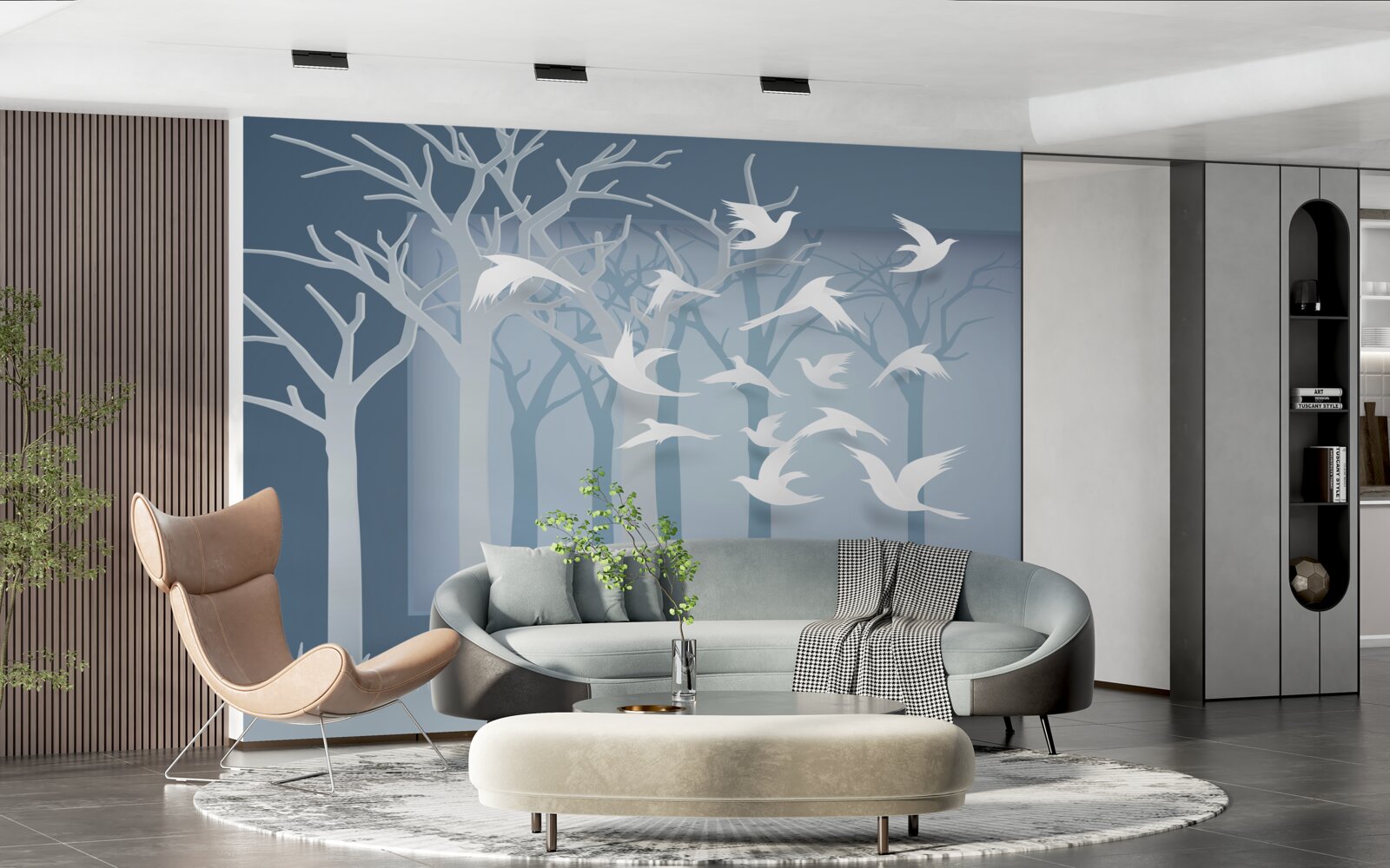 Papier peint un groupe d'oiseaux légers traverse le ciel au-dessus du maquis nocturne