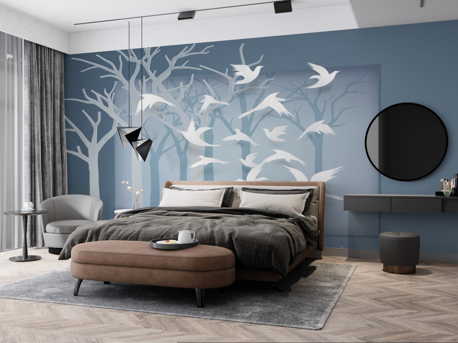 Papier peint un groupe d'oiseaux légers traverse le ciel au-dessus du maquis nocturne