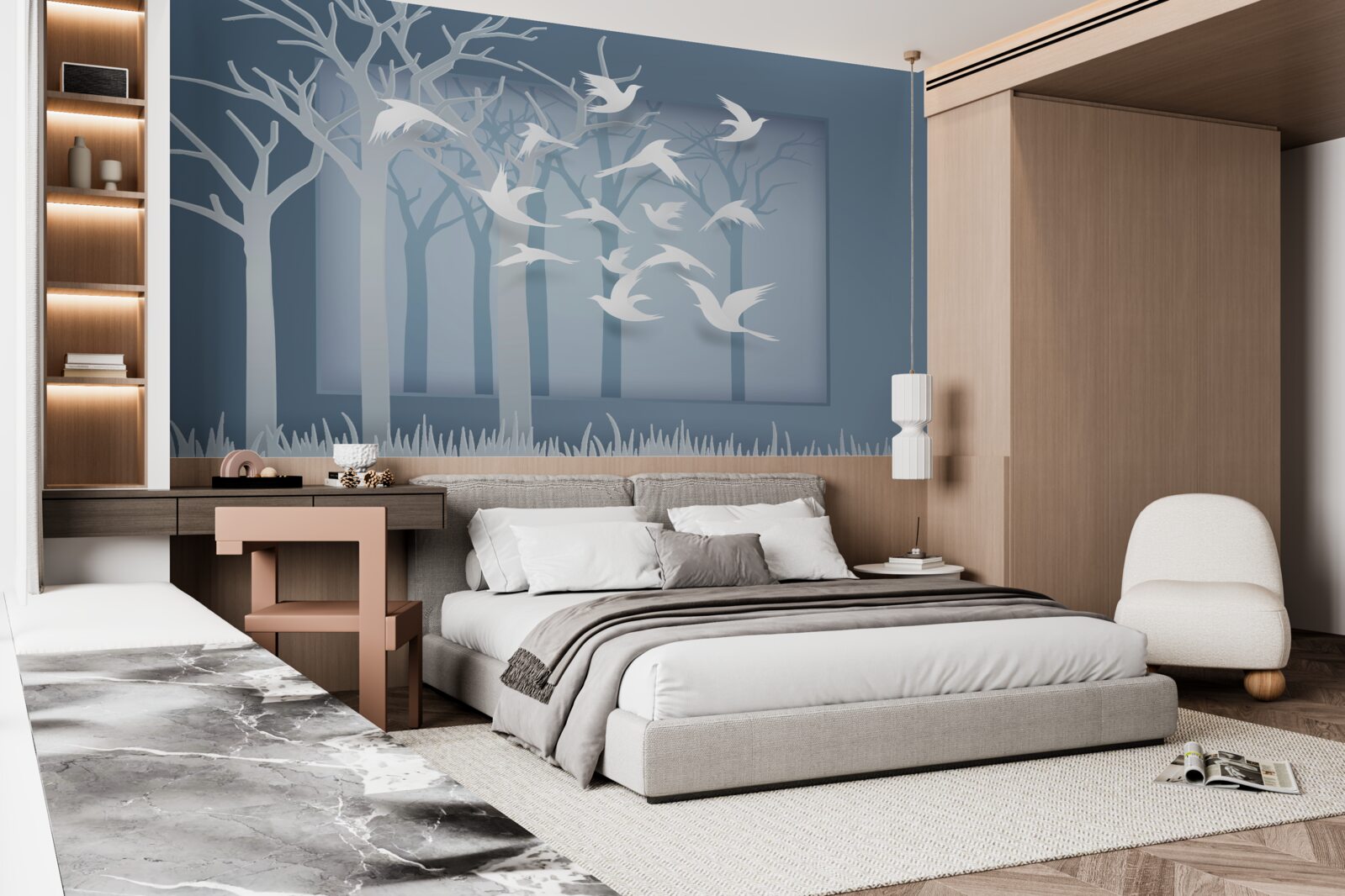 Papier peint un groupe d'oiseaux légers traverse le ciel au-dessus du maquis nocturne