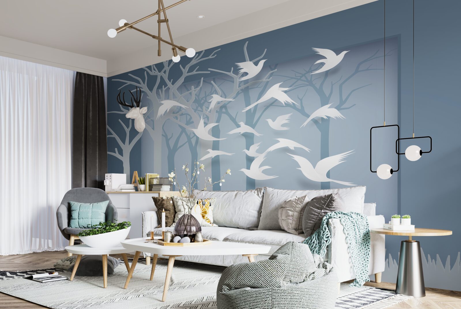 Papier peint un groupe d'oiseaux légers traverse le ciel au-dessus du maquis nocturne