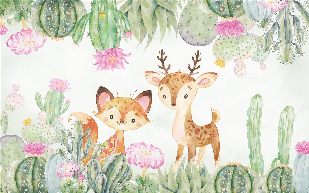 Papier peint petit renard et jeune cerf