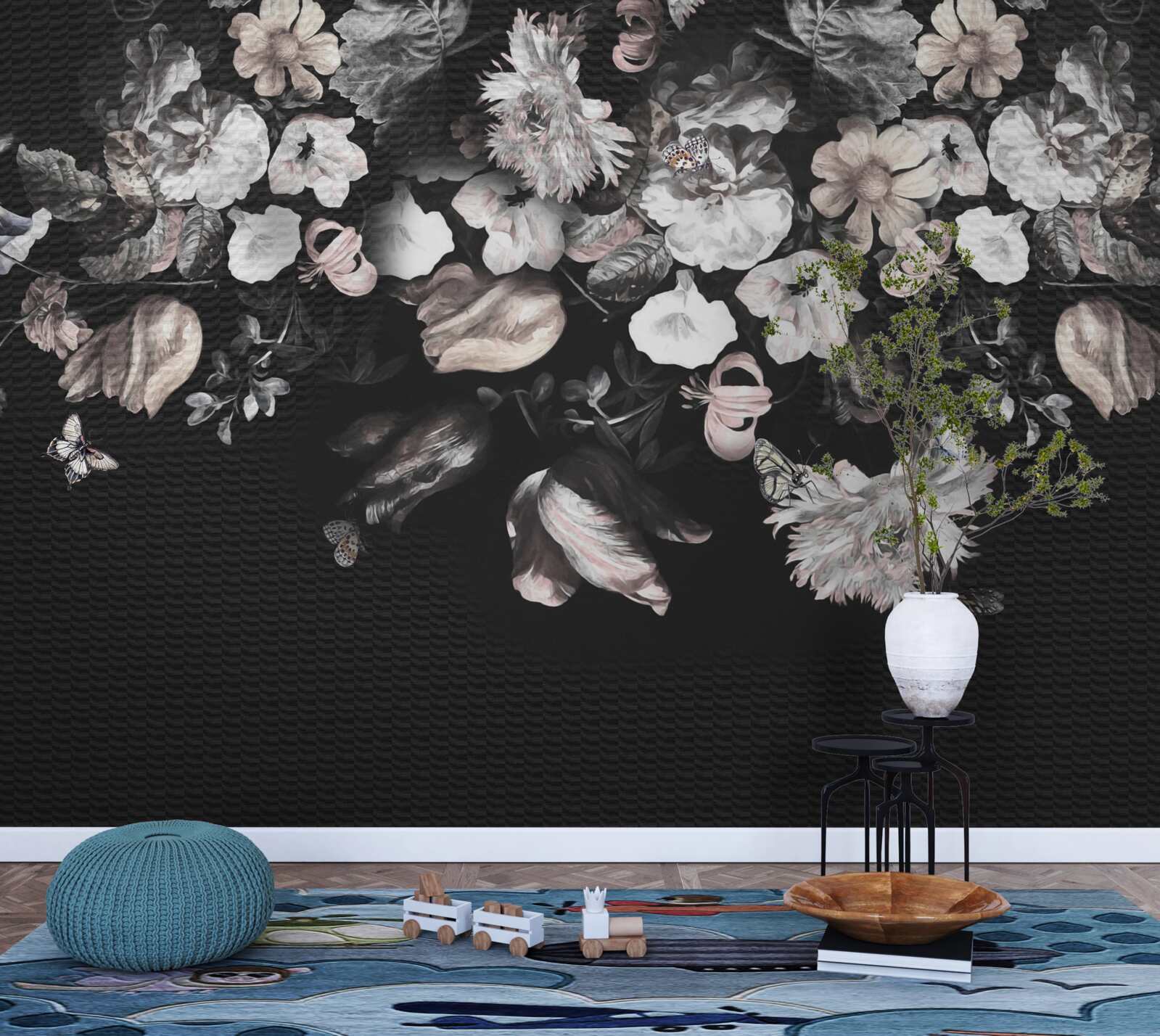 Papier peint boutons de fleurs blanches sur fond sombre