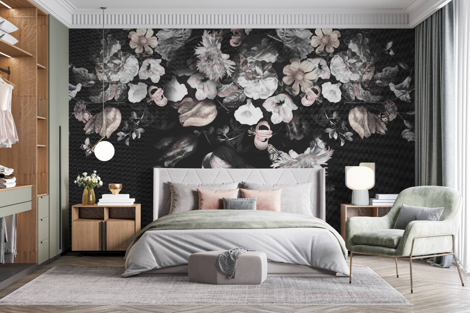 Papier peint boutons de fleurs blanches sur fond sombre