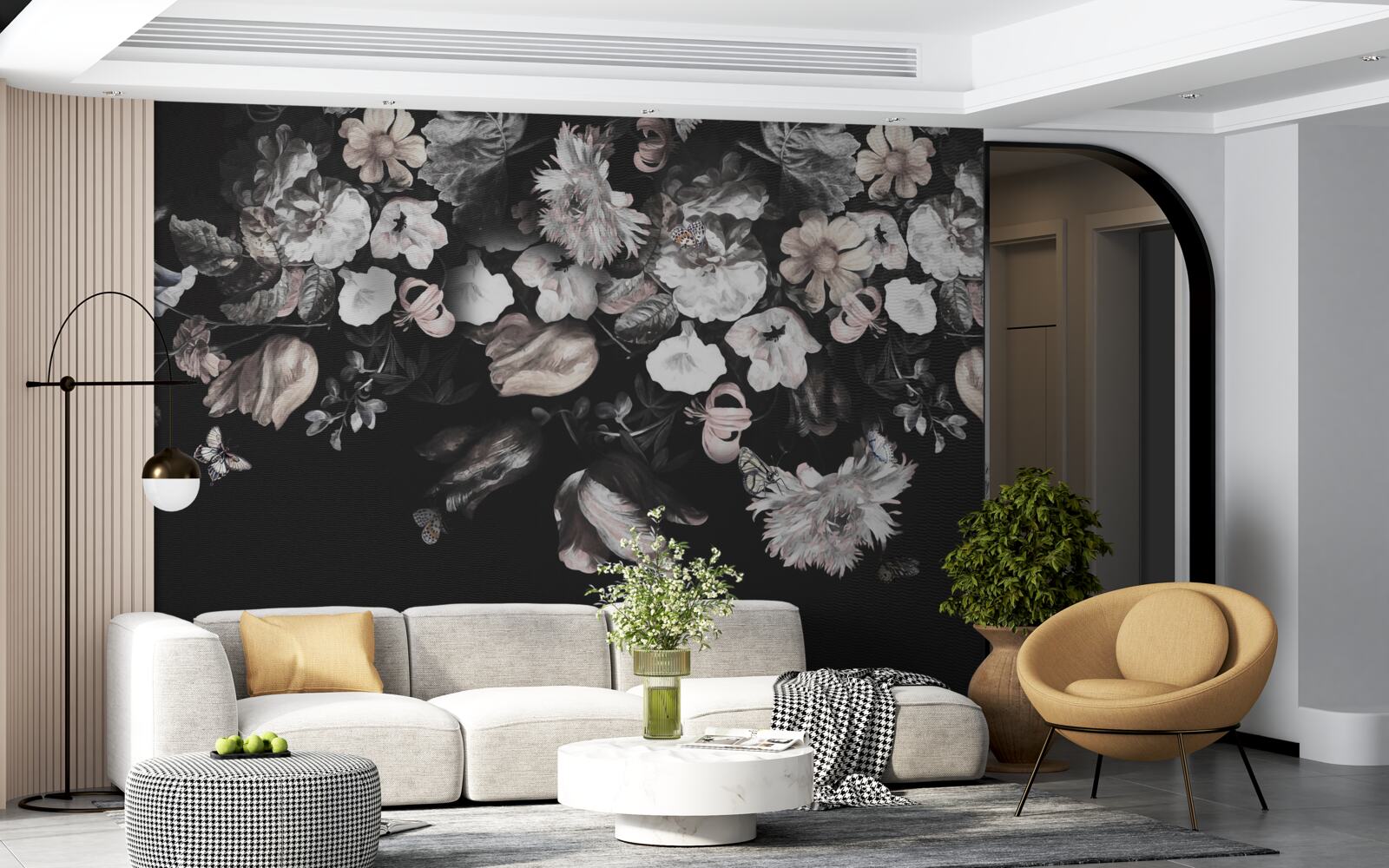 Papier peint boutons de fleurs blanches sur fond sombre