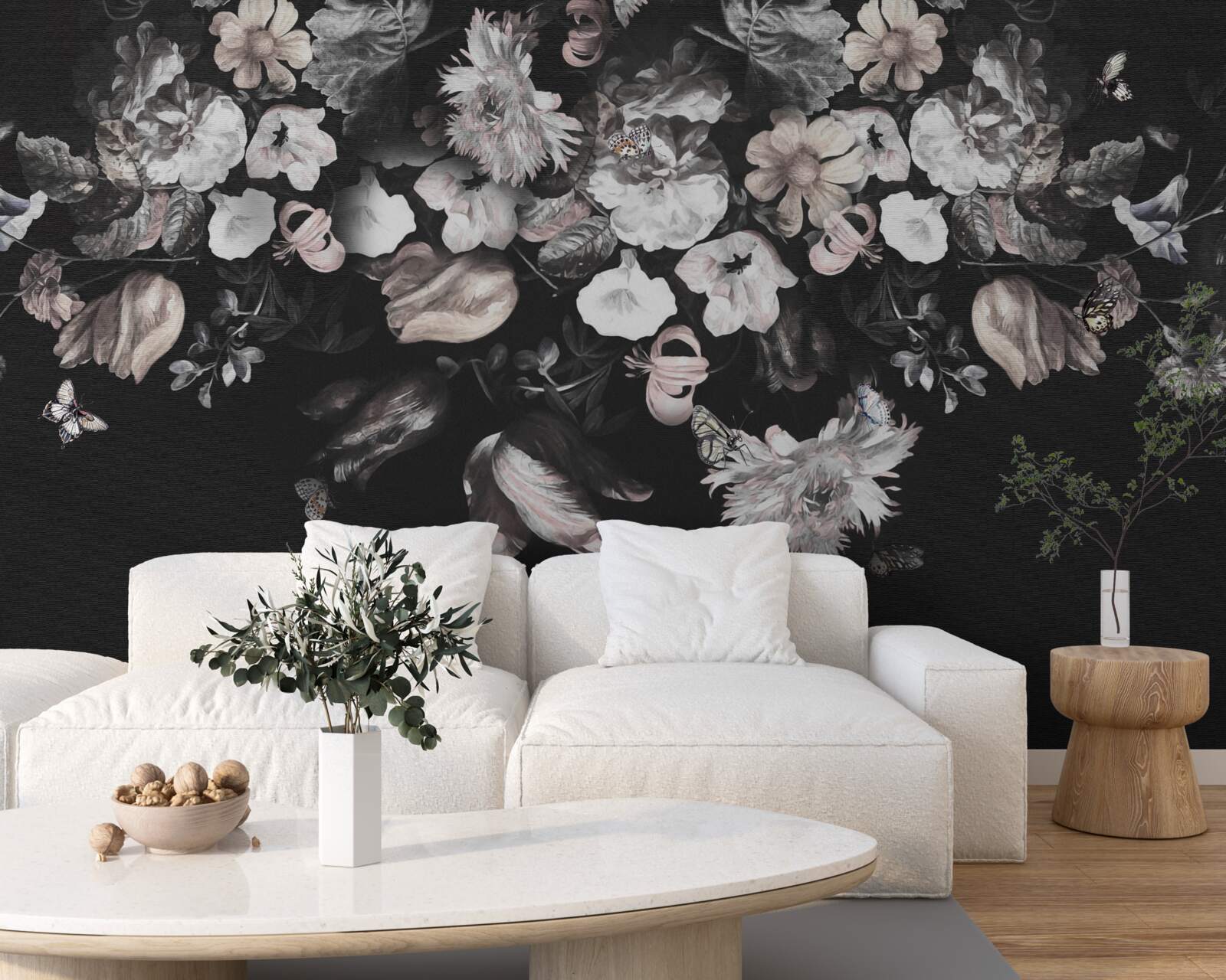 Papier peint boutons de fleurs blanches sur fond sombre