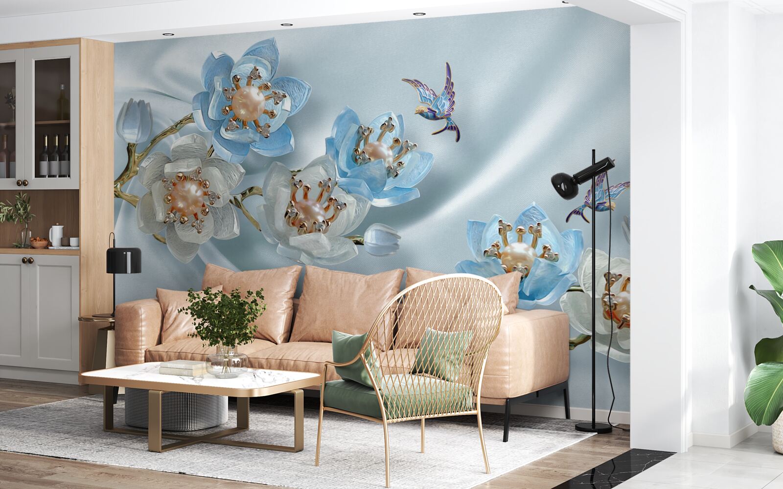 Papier peint branche de magnolia décorée de perles et d'or sur fond de soie