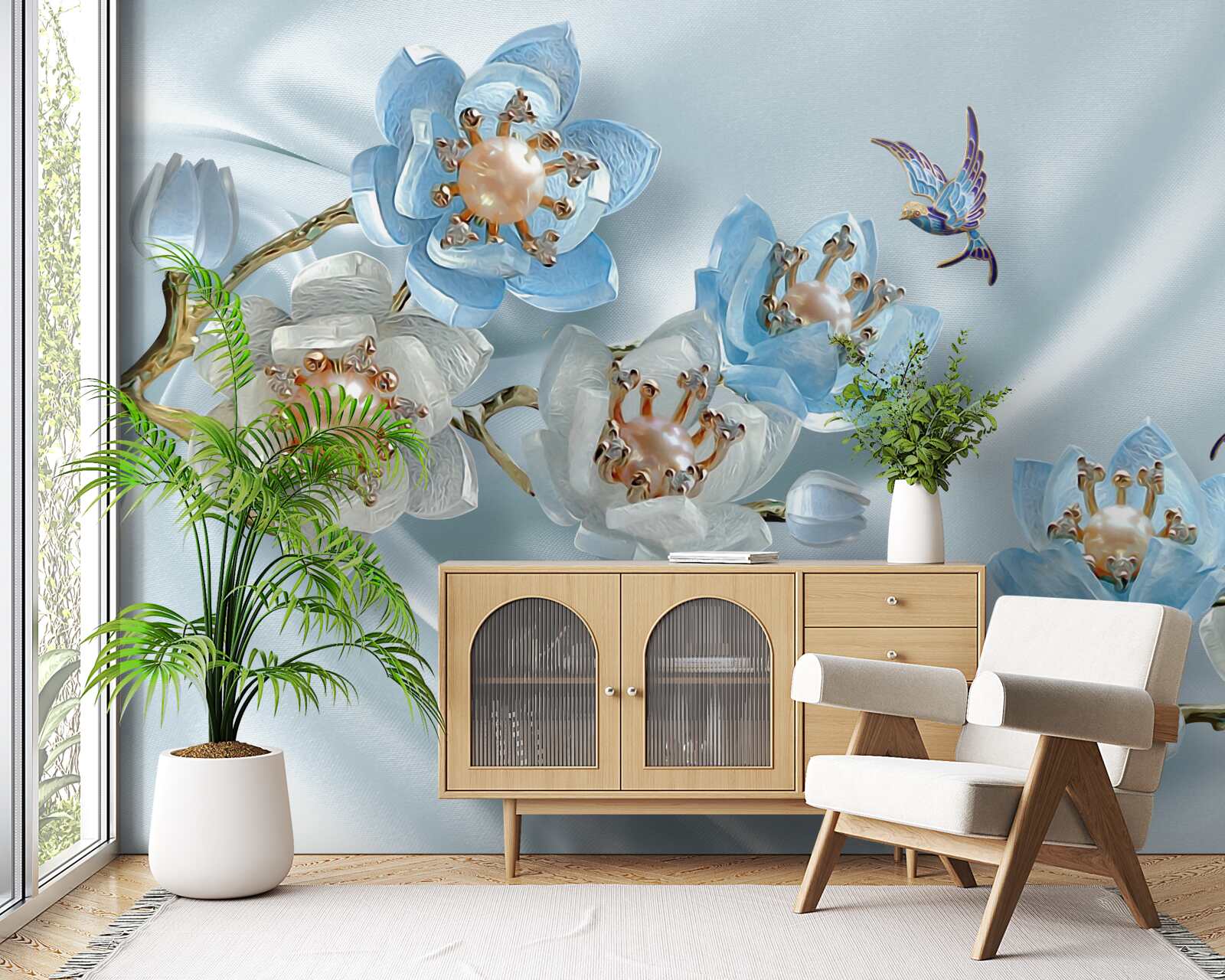 Papier peint branche de magnolia décorée de perles et d'or sur fond de soie