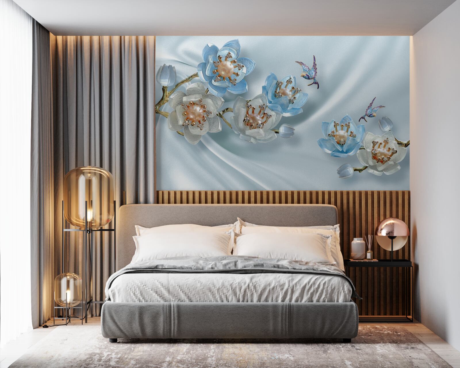 Papier peint branche de magnolia décorée de perles et d'or sur fond de soie