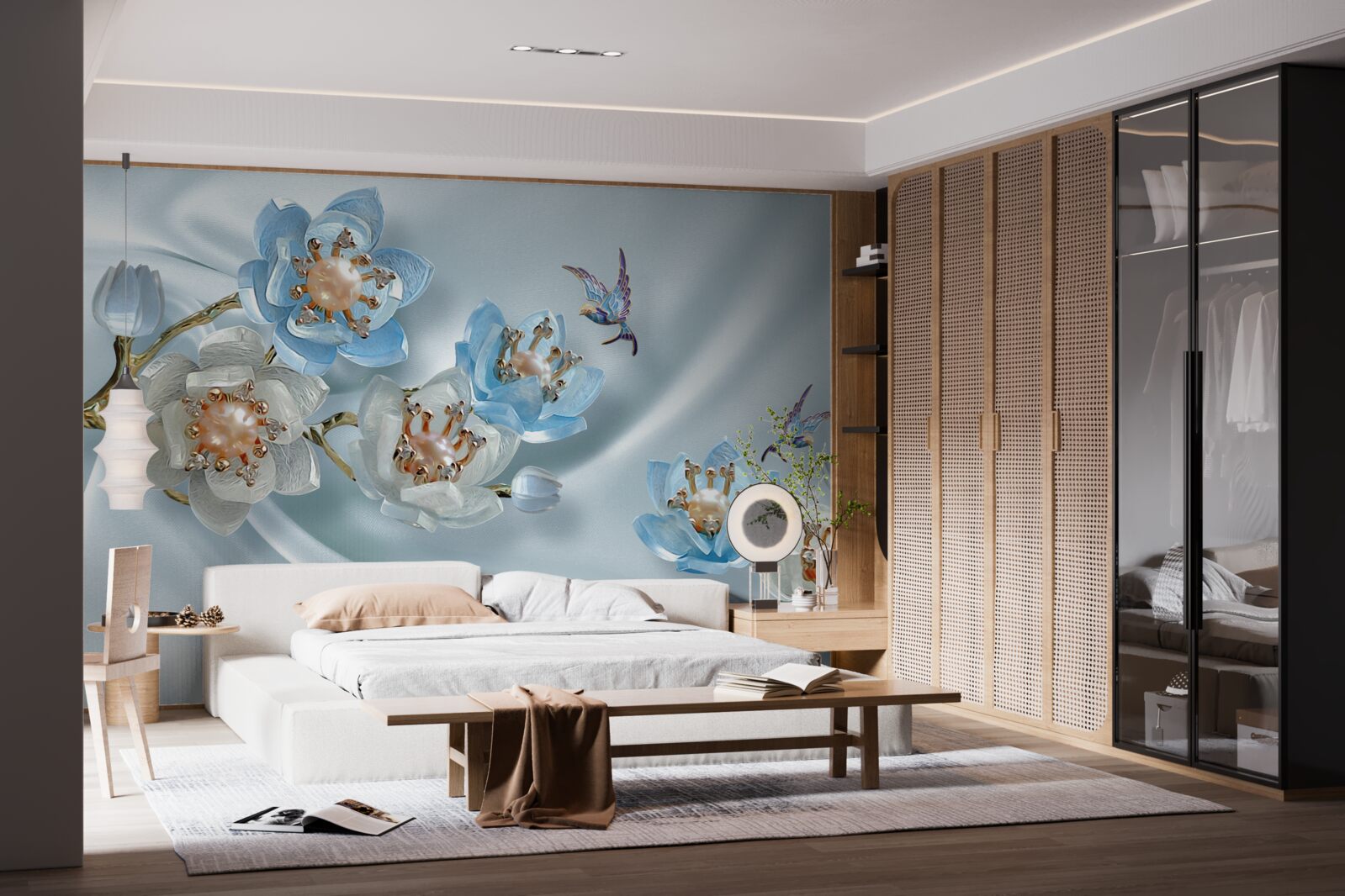 Papier peint branche de magnolia décorée de perles et d'or sur fond de soie