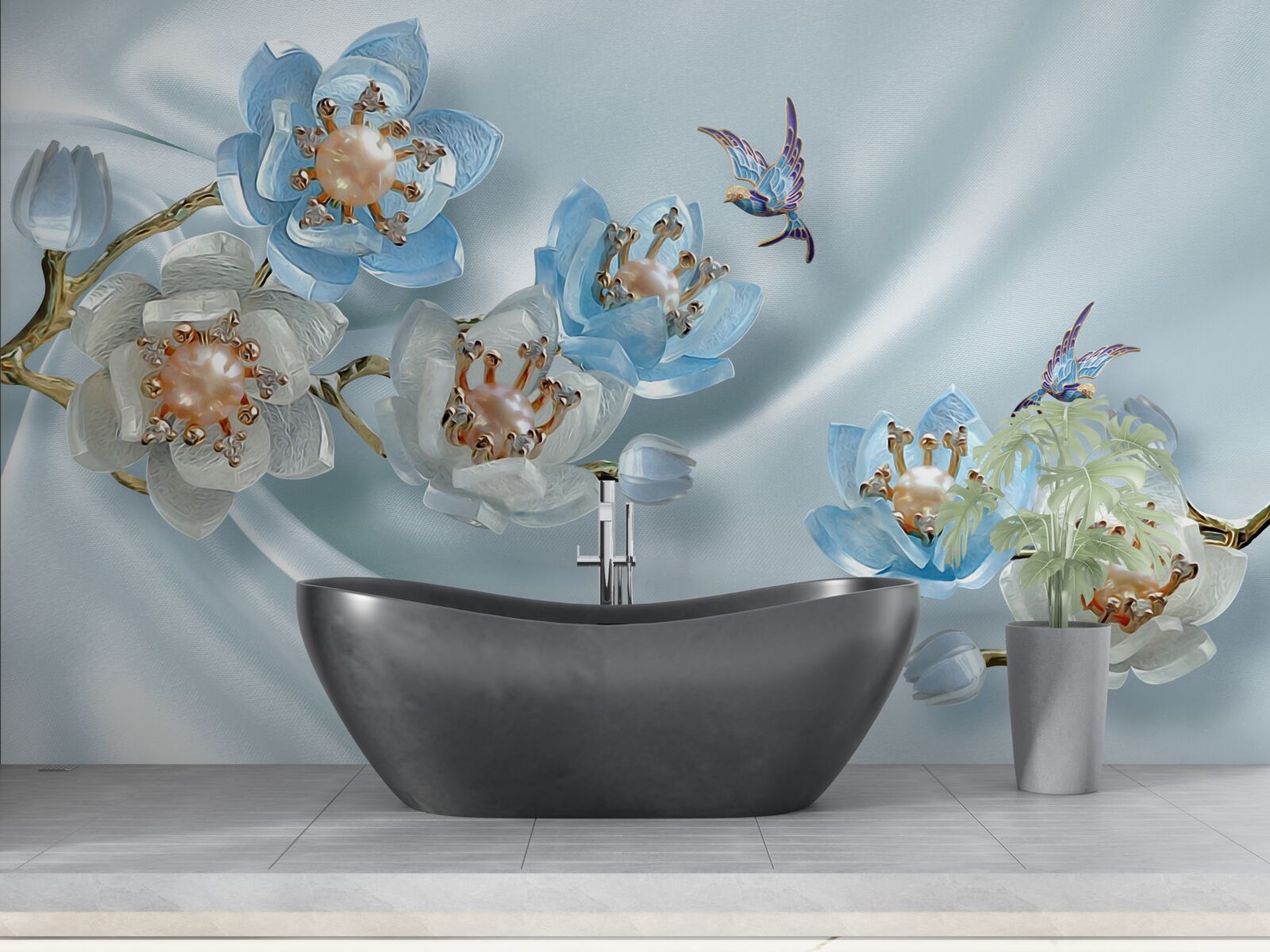 Papier peint branche de magnolia décorée de perles et d'or sur fond de soie