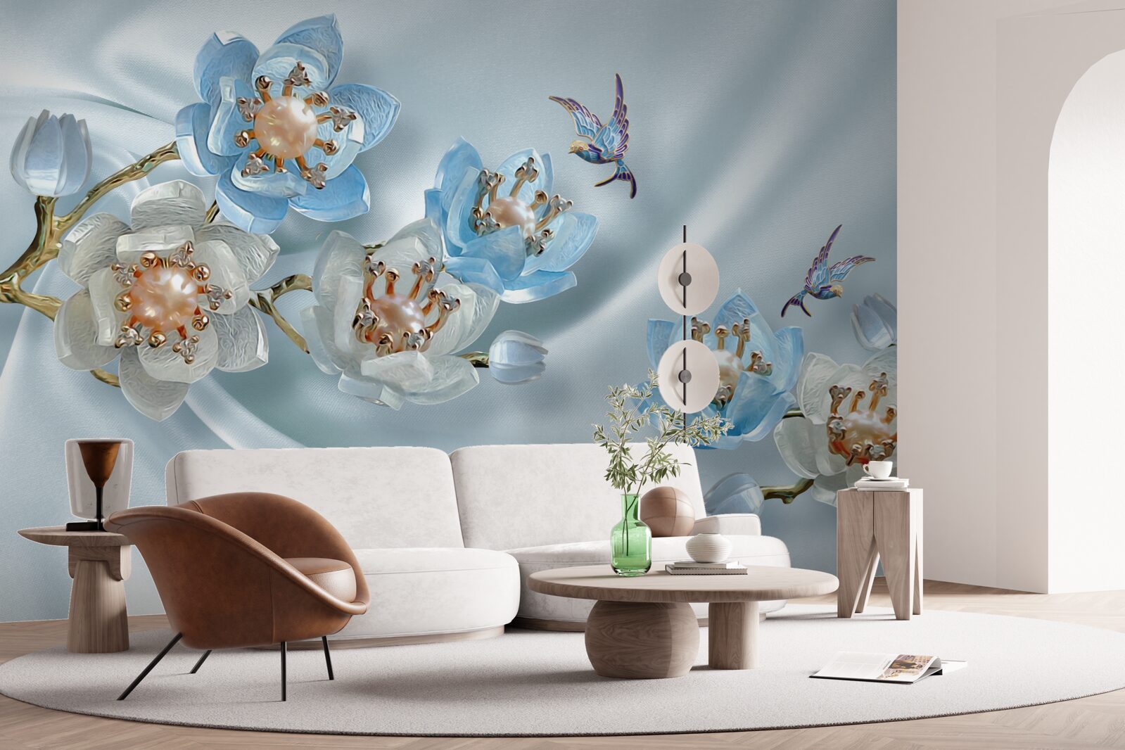 Papier peint branche de magnolia décorée de perles et d'or sur fond de soie